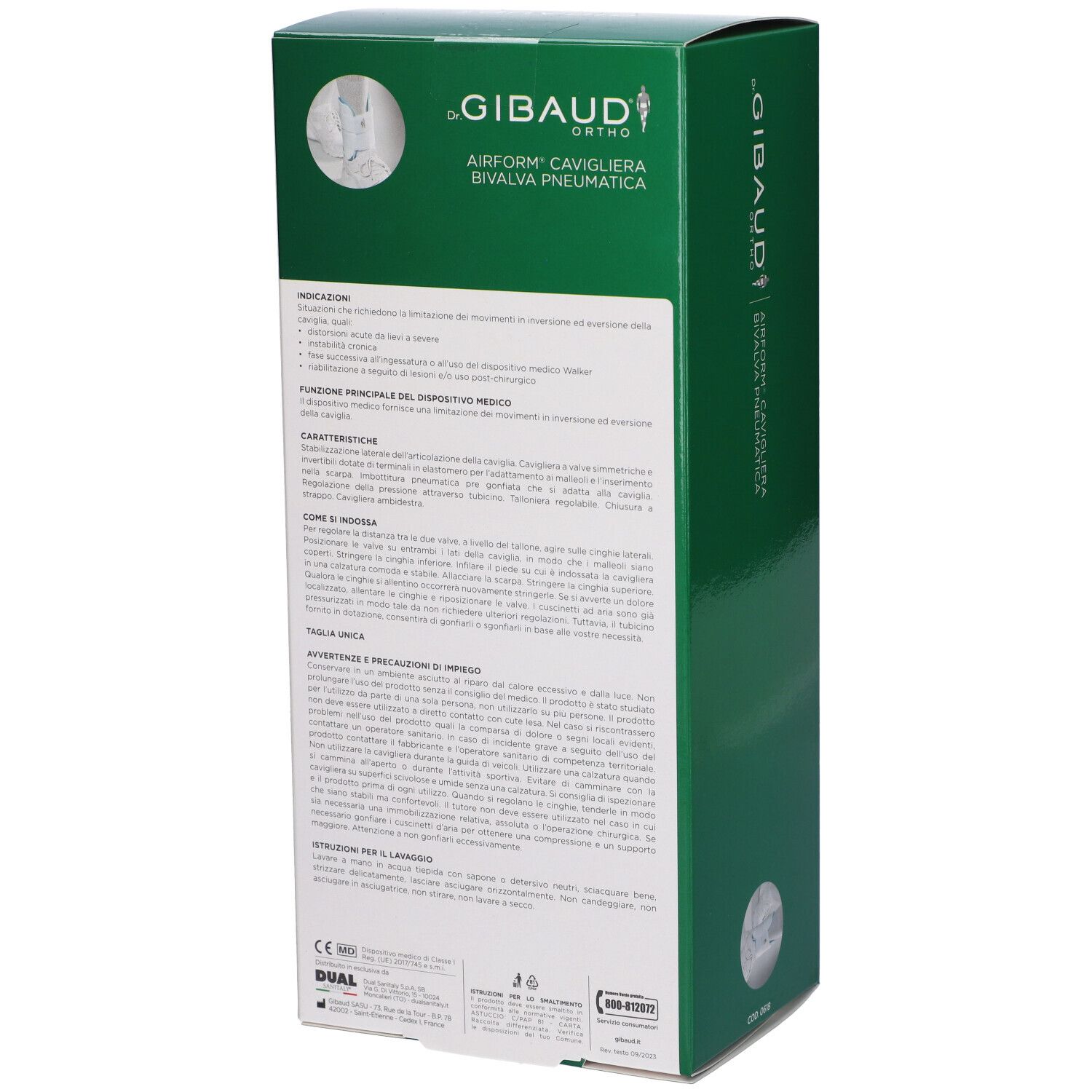 Scatola verde, retro. Informazioni testuali e loghi. Scritto: Airform Cavigliera Bivalva Pneumatica. Marchio CE.