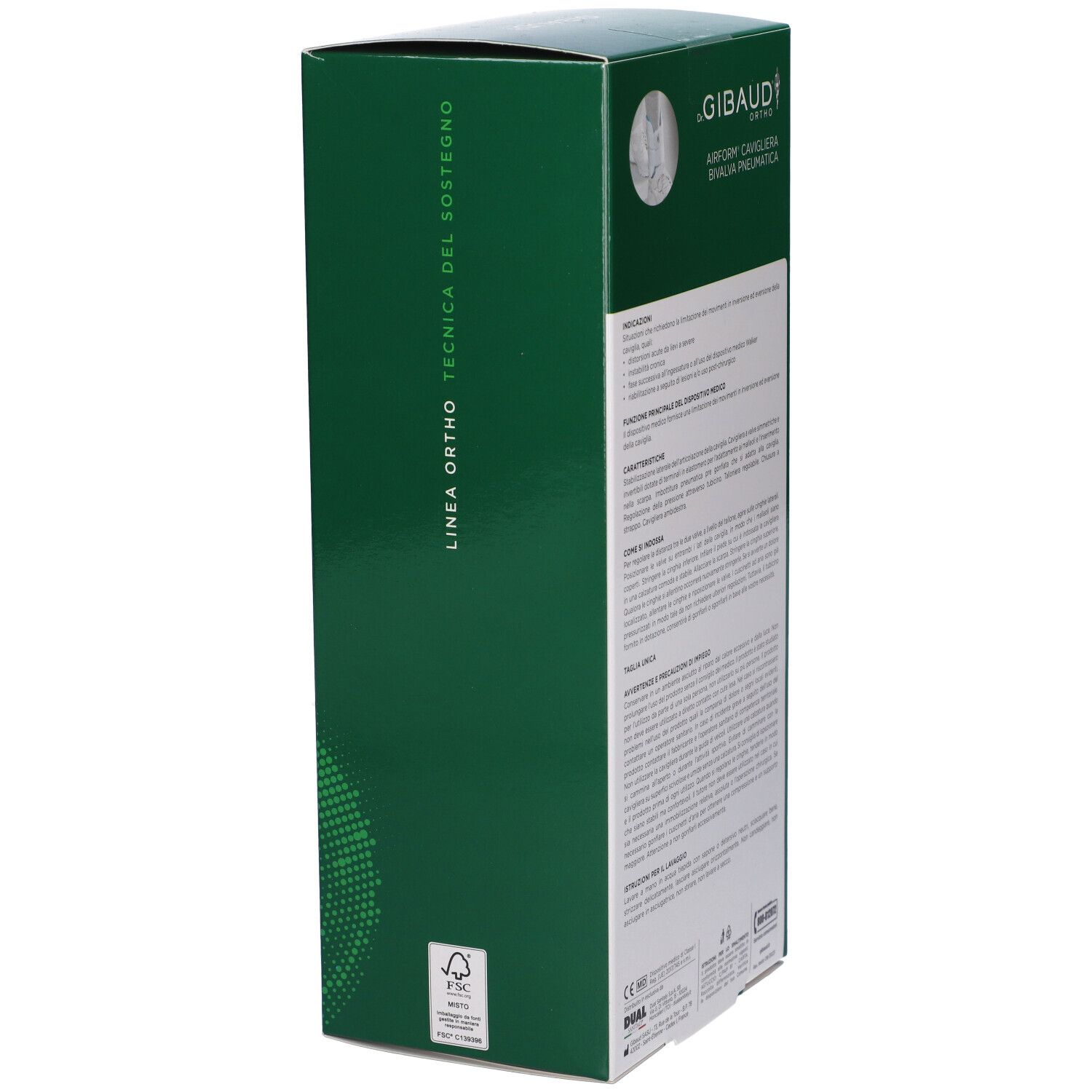 Scatola verde, vista laterale. Informazioni testuali e loghi. Scritto: Linea Ortho Tecnica del Sostegno. Logo FSC.