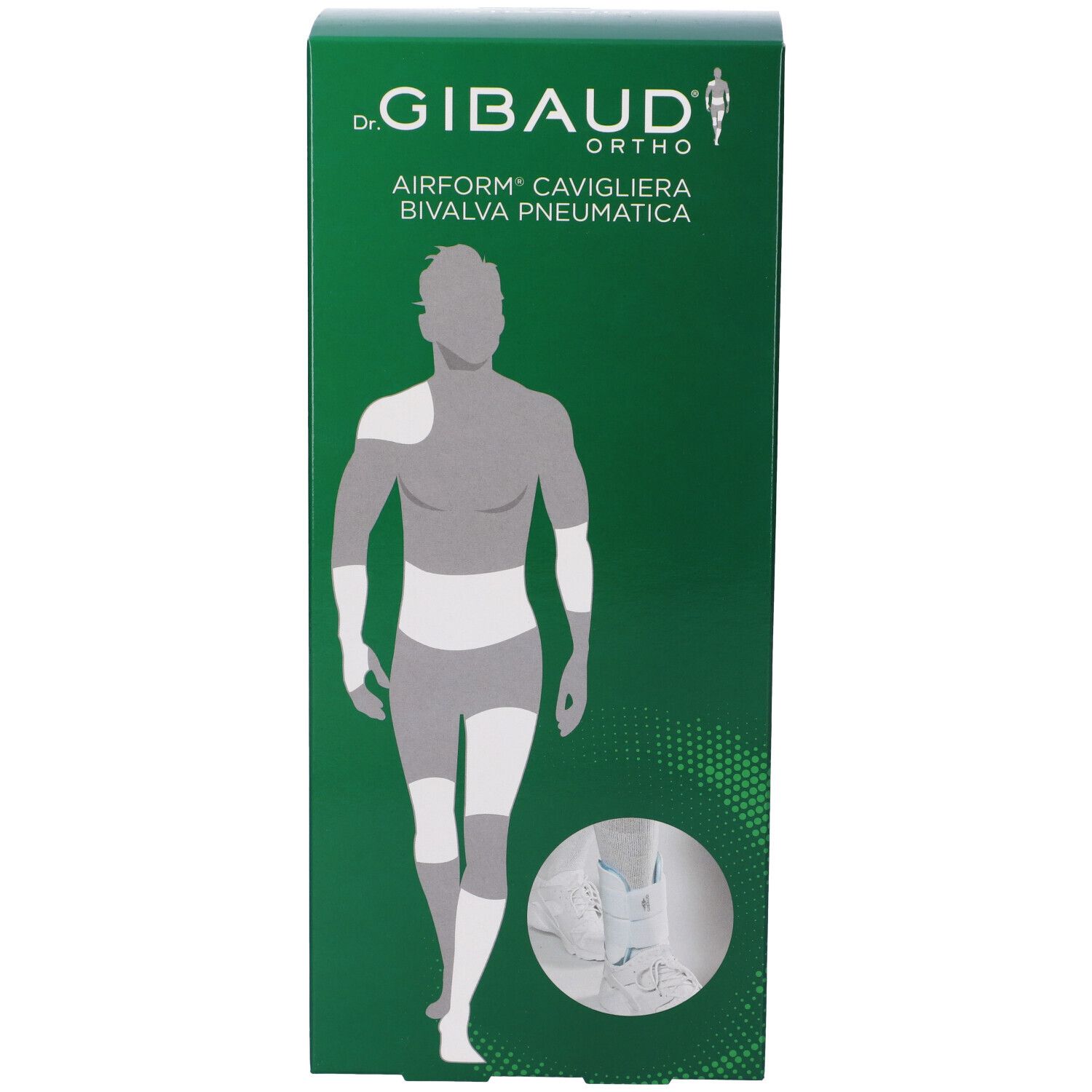 Scatola verde con immagine del prodotto. Scritto: Dr. Gibaud Ortho, Airform Cavigliera Bivalva Pneumatica. Illustrazione di un corpo umano.