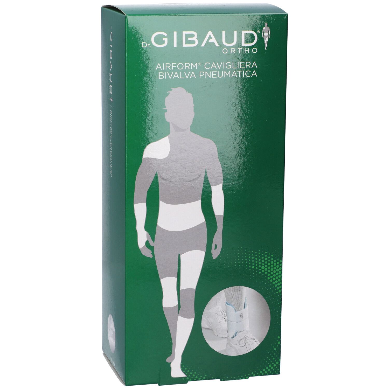 Scatola verde con immagine del prodotto. Scritto: Dr. Gibaud Ortho, Airform Cavigliera Bivalva Pneumatica. Illustrazione di un corpo umano.