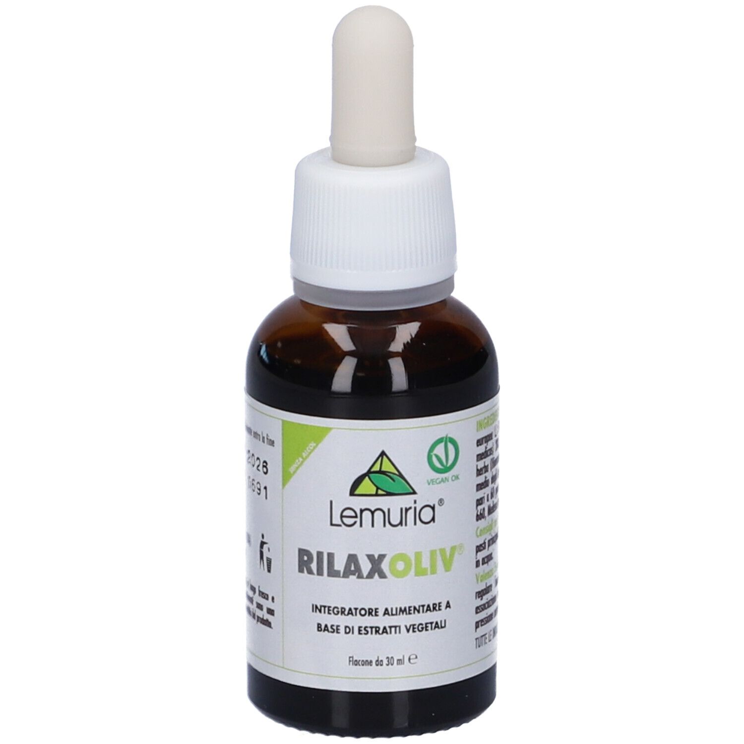 Flacone di vetro marrone con contagocce. Scritta Rilaxoliv, Lemuria. Etichetta verde. Sigillo vegano. Flacone contagocce.