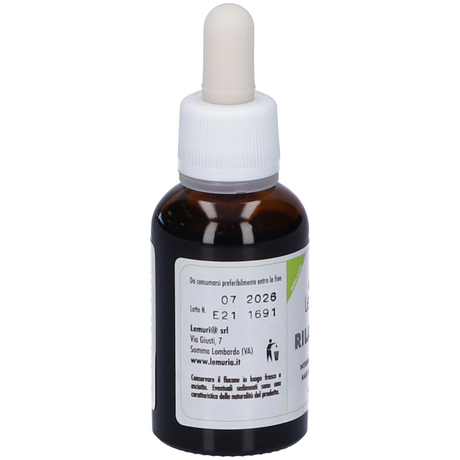 Flacone di vetro marrone con contagocce. Scritta Rilaxoliv, Lemuria. Etichetta verde. Sigillo vegano. Flacone contagocce.