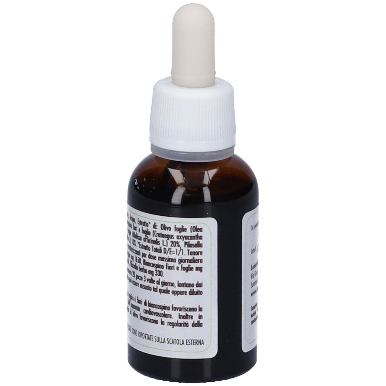 Flacone di vetro marrone con contagocce. Scritta Rilaxoliv, Lemuria. Etichetta verde. Sigillo vegano. Flacone contagocce.