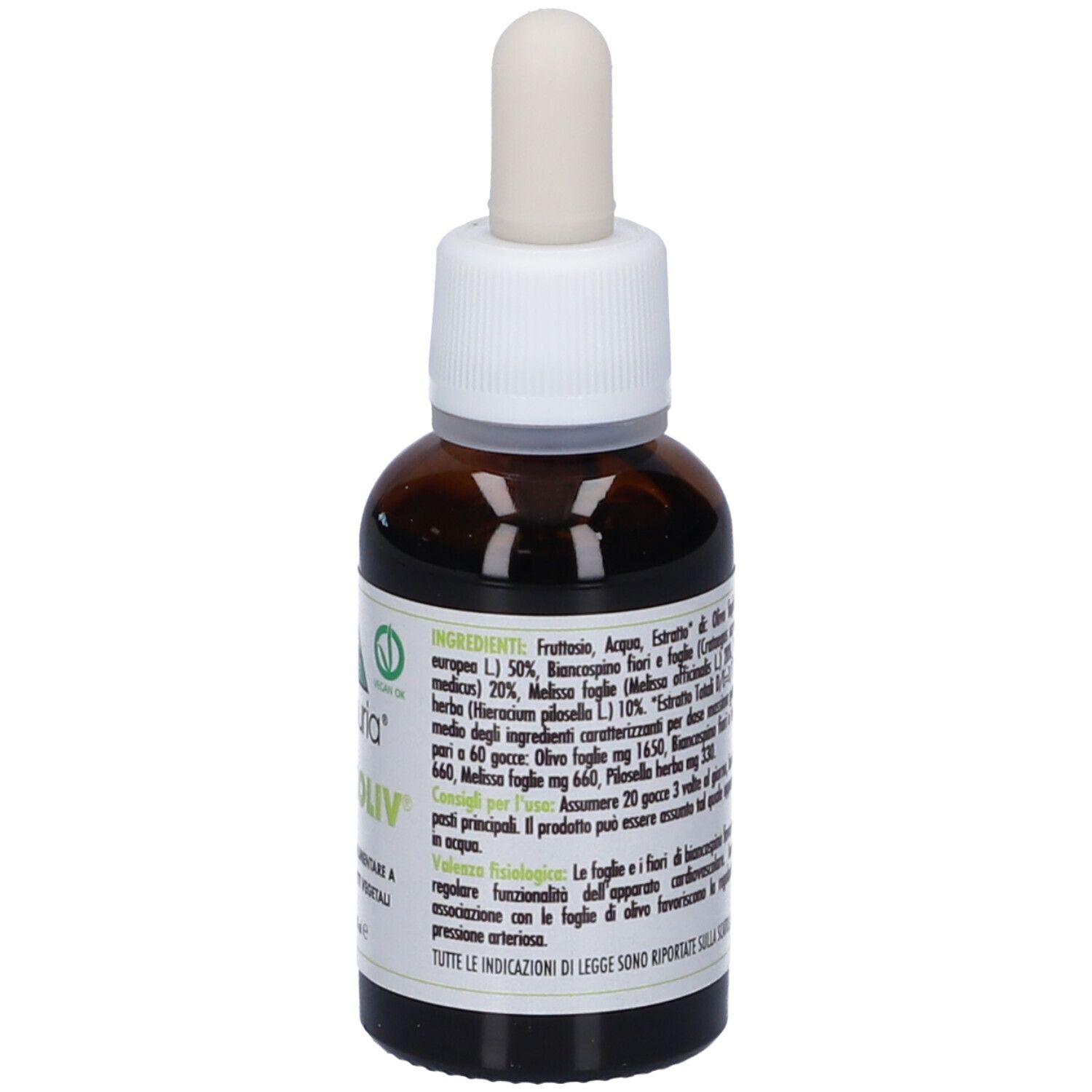 Flacone di vetro marrone con contagocce. Scritta Rilaxoliv, Lemuria. Etichetta verde. Sigillo vegano. Flacone contagocce.