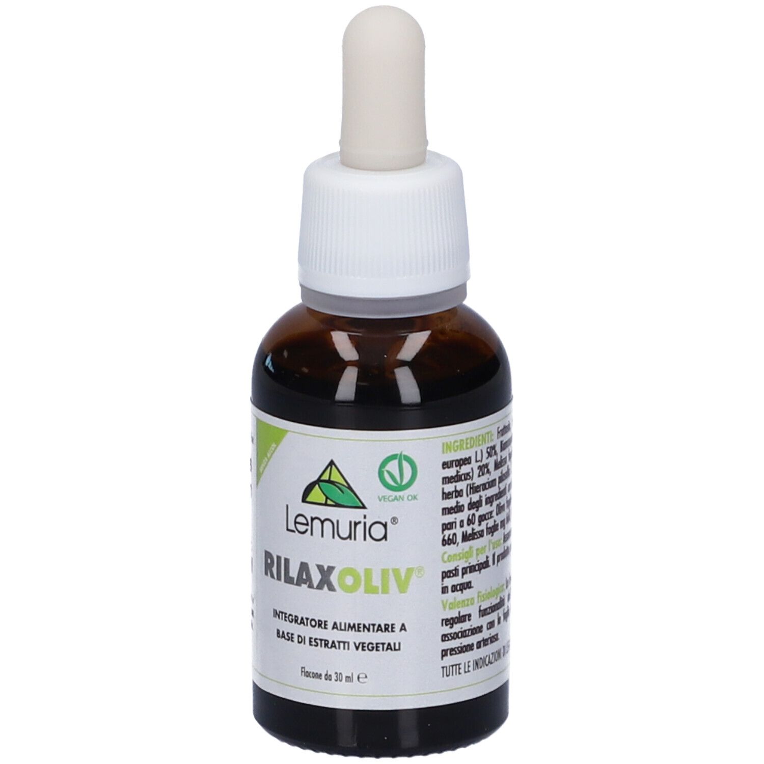 Flacone di vetro marrone con contagocce. Scritta Rilaxoliv, Lemuria. Etichetta verde. Sigillo vegano. Flacone contagocce.