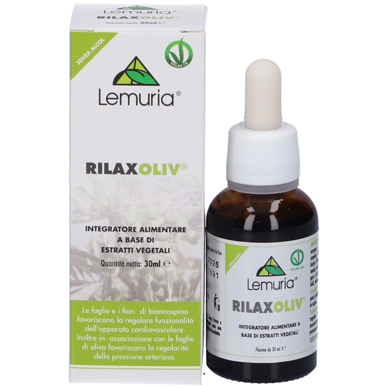 Prodotto Rilaxoliv e confezione. Flacone marrone con contagocce e scatola. Scritta: Lemuria, Rilaxoliv. Sigillo vegano.