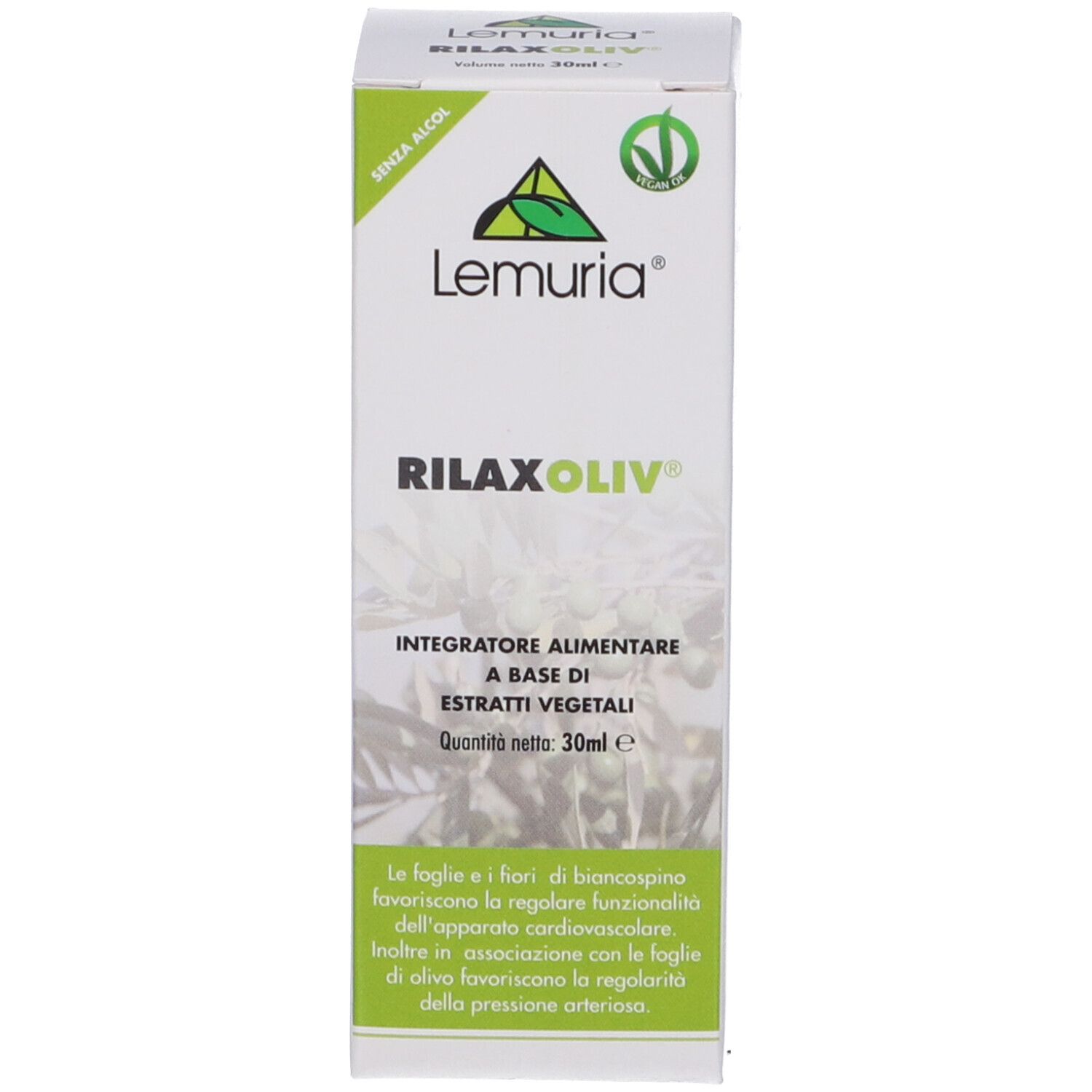 Scatola di Rilaxoliv, marchio Lemuria. Confezione bianca e verde. Scritte in italiano. Logo e nome del prodotto ben visibili.