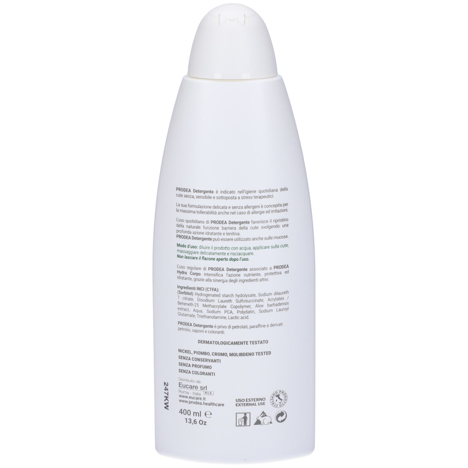 Retro di un flacone bianco. Testo in italiano. Ingredienti e informazioni sul prodotto.