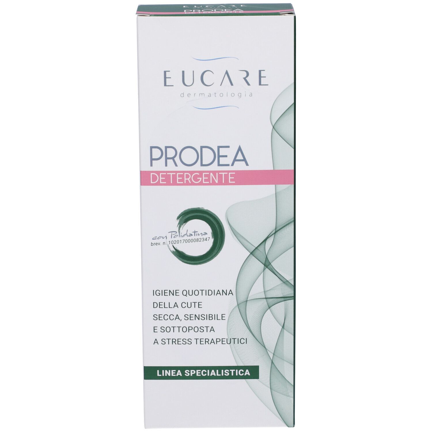 Confezione del prodotto. Bianca con accenti rosa e verdi. Testo in italiano. Marchio: Eucare.