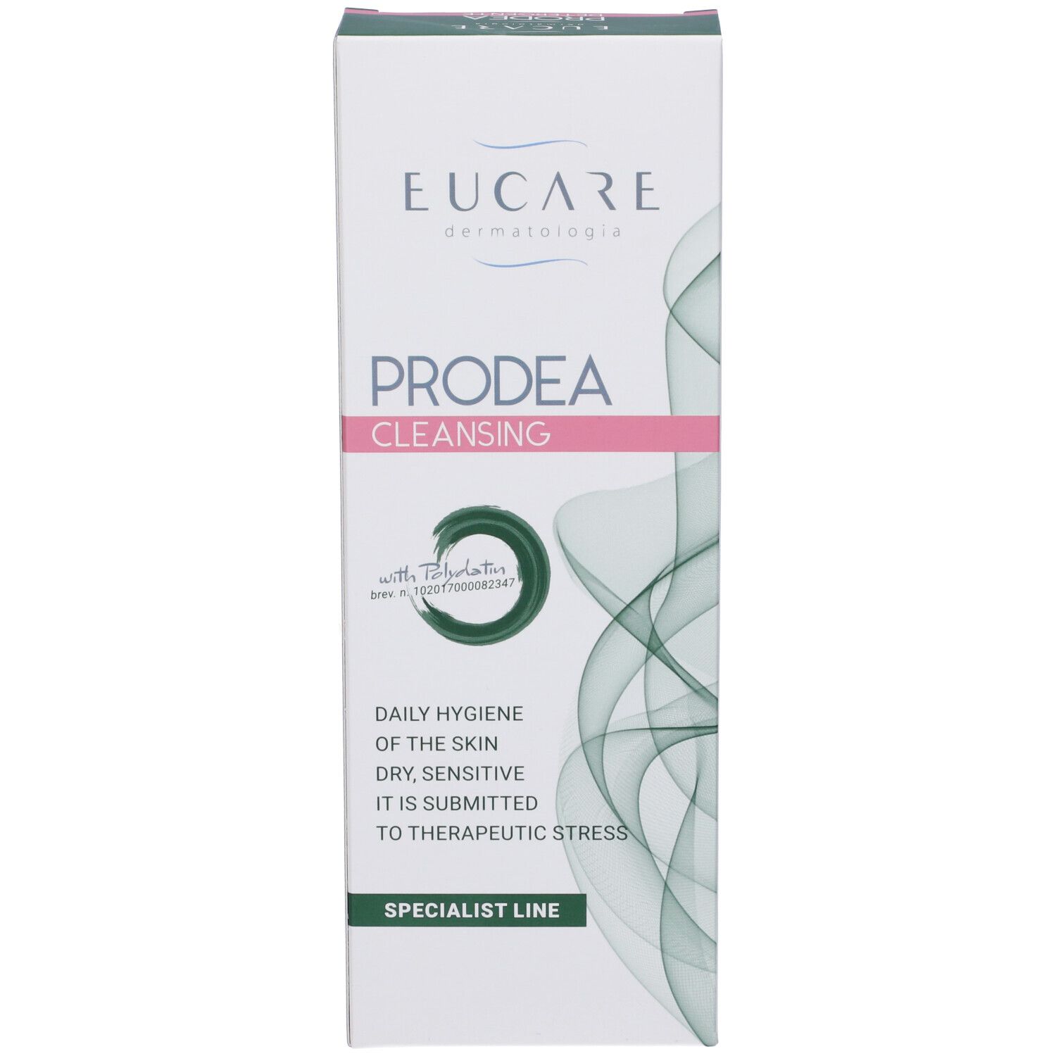 Confezione del prodotto. Fronte con testo in italiano. Marchio: Eucare. Nome del prodotto: Prodea Cleansing.