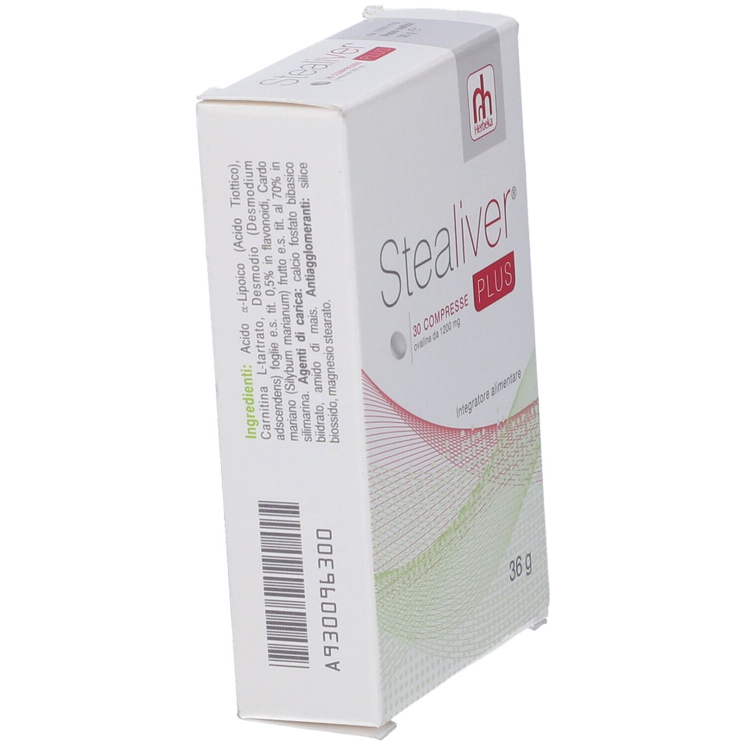 Scatola Stealiver Plus, 30 compresse. Ingredienti e codice a barre. Marchio Herbeka.