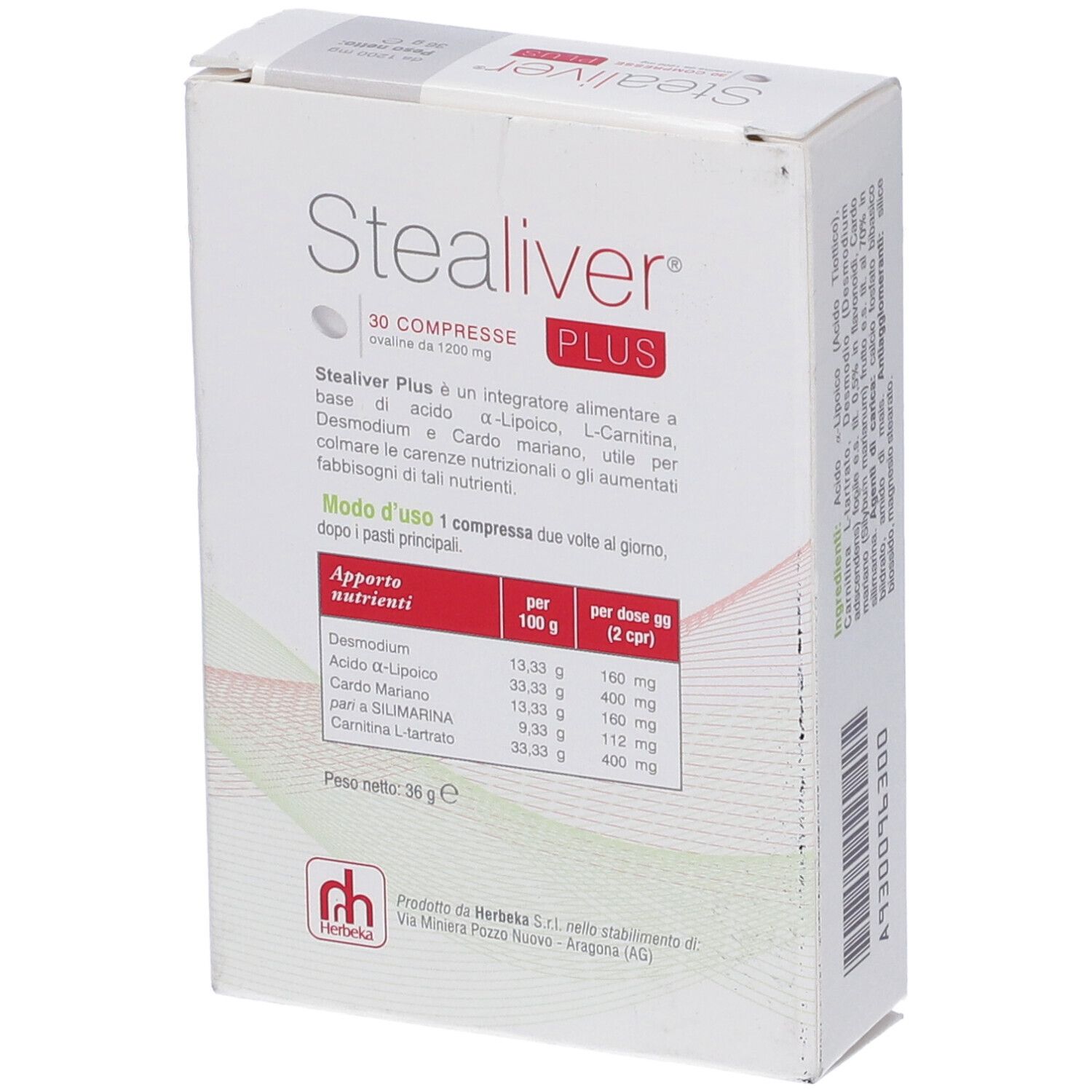 Scatola Stealiver Plus, 30 compresse. Informazioni nutrizionali. Marchio Herbeka.