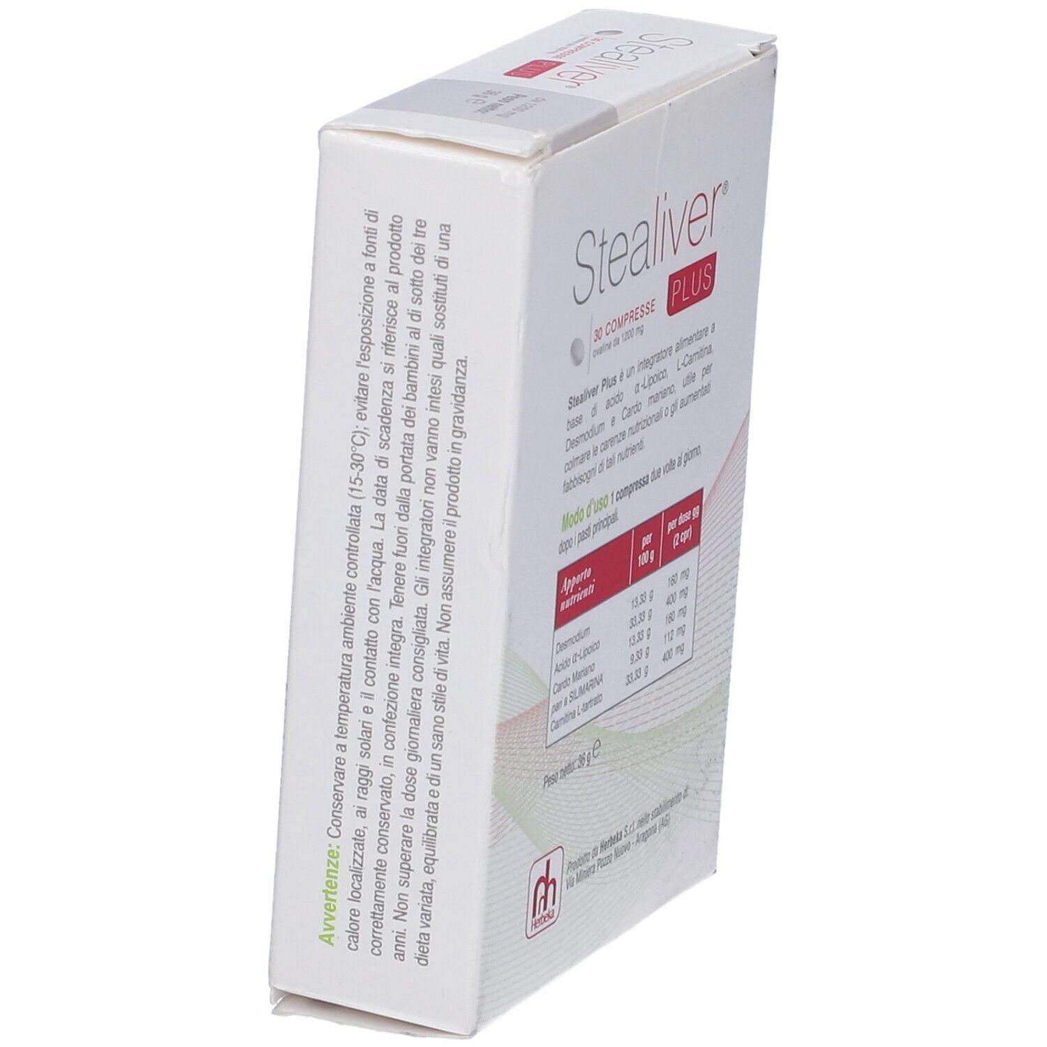 Scatola Stealiver Plus, 30 compresse. Avvertenze. Marchio Herbeka.