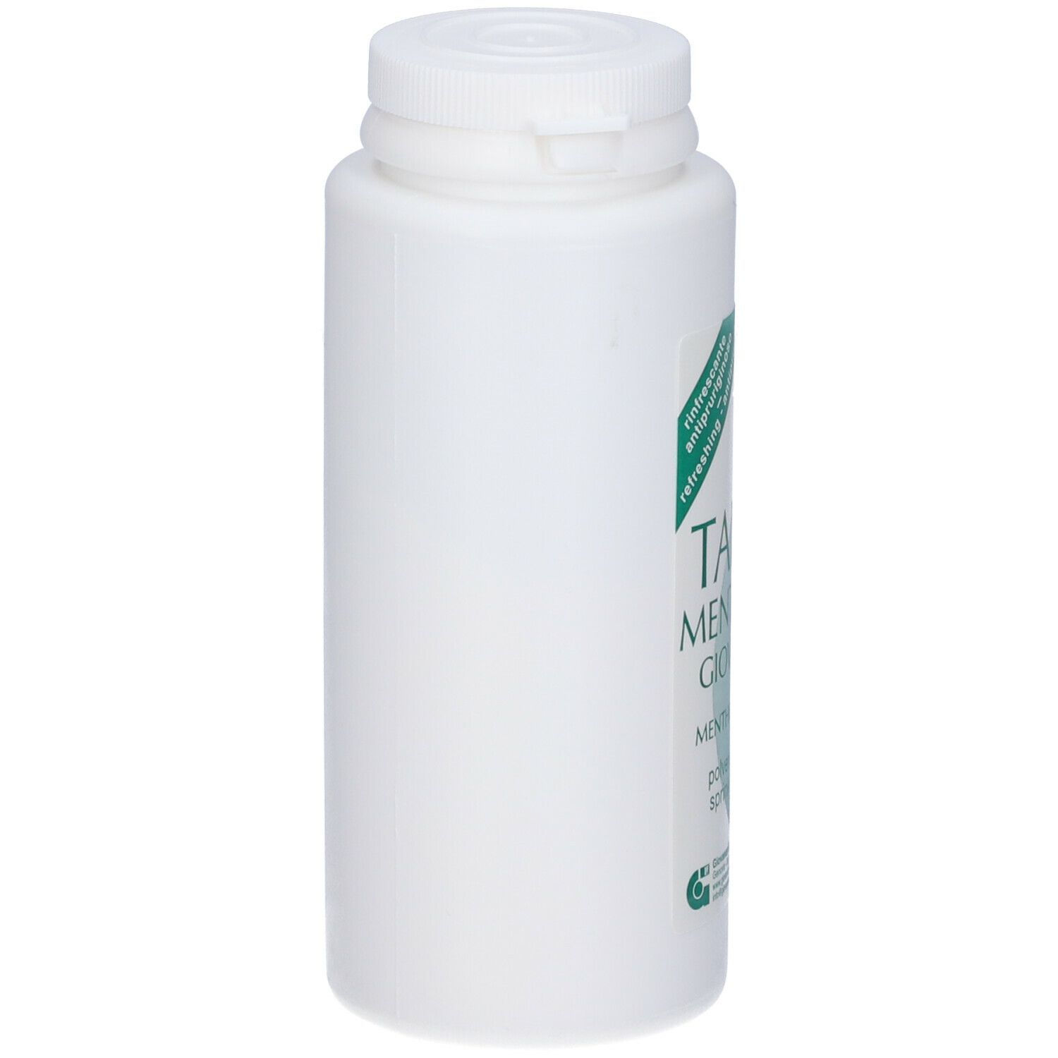 Flacone bianco con tappo bianco. Etichetta con testo: Talco Mentolato Giovanardi.