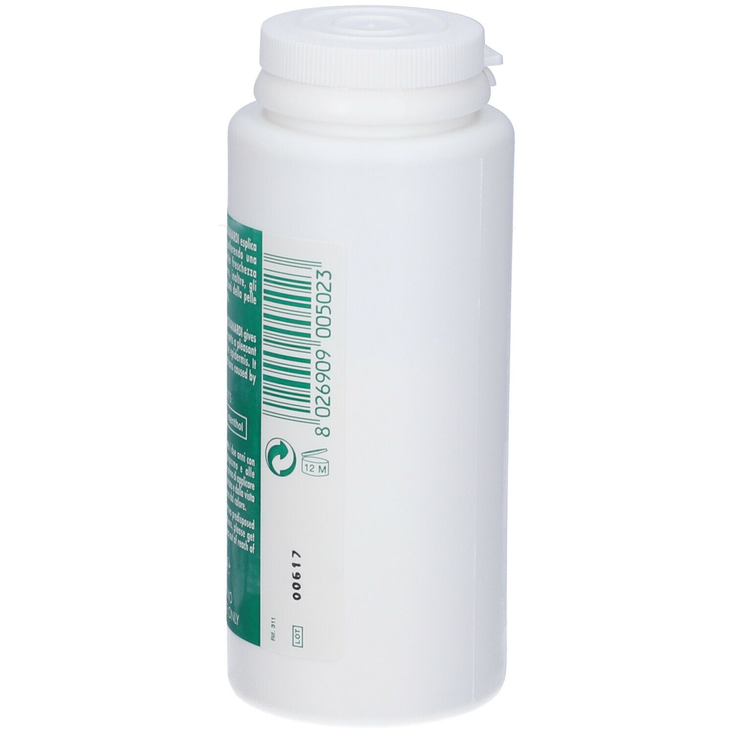 Flacone bianco con tappo bianco. Etichetta con testo e codice a barre.