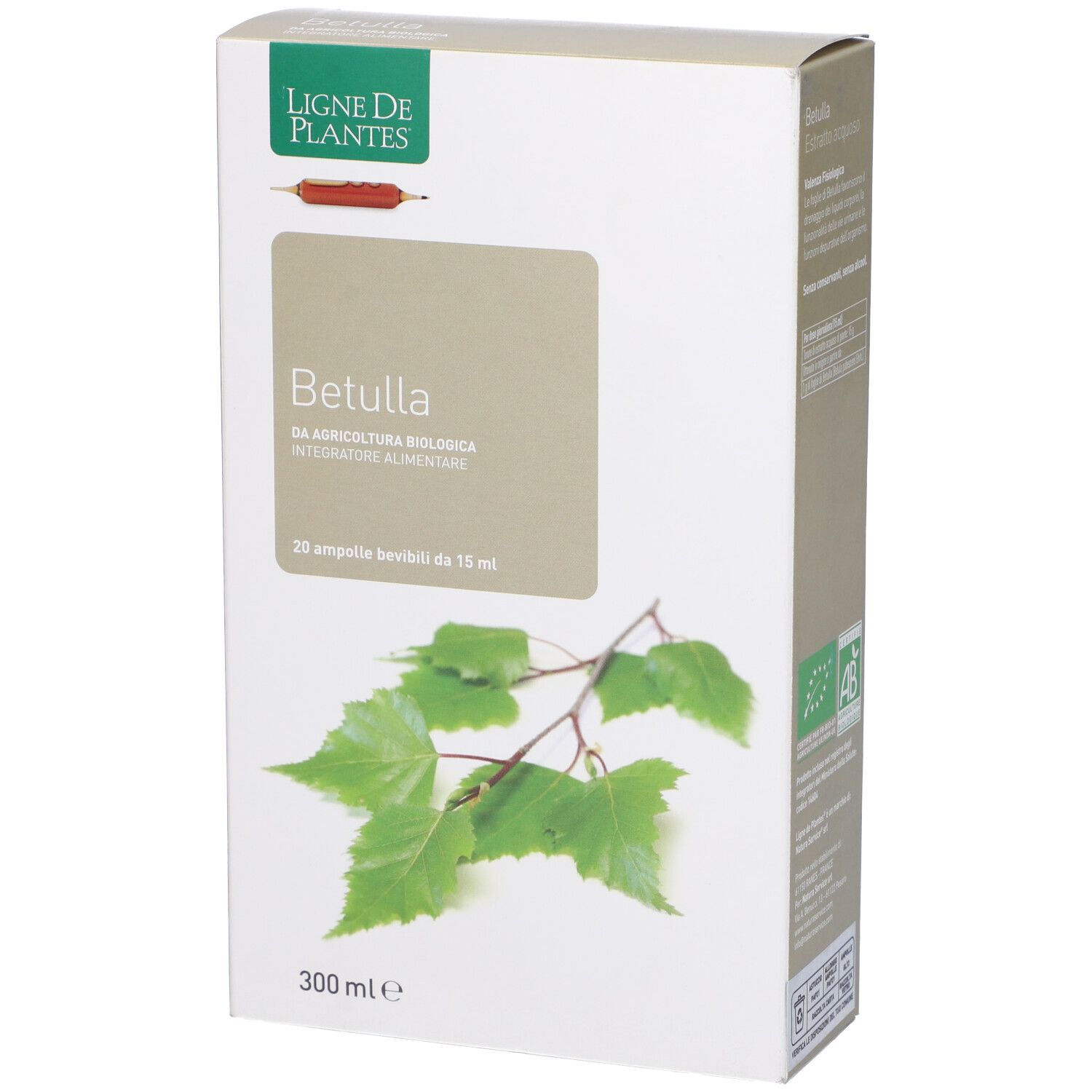 Scatola bianca con scritta Betulla. 20 fiale. Logo Ligne de Plantes. Illustrazione di foglie.