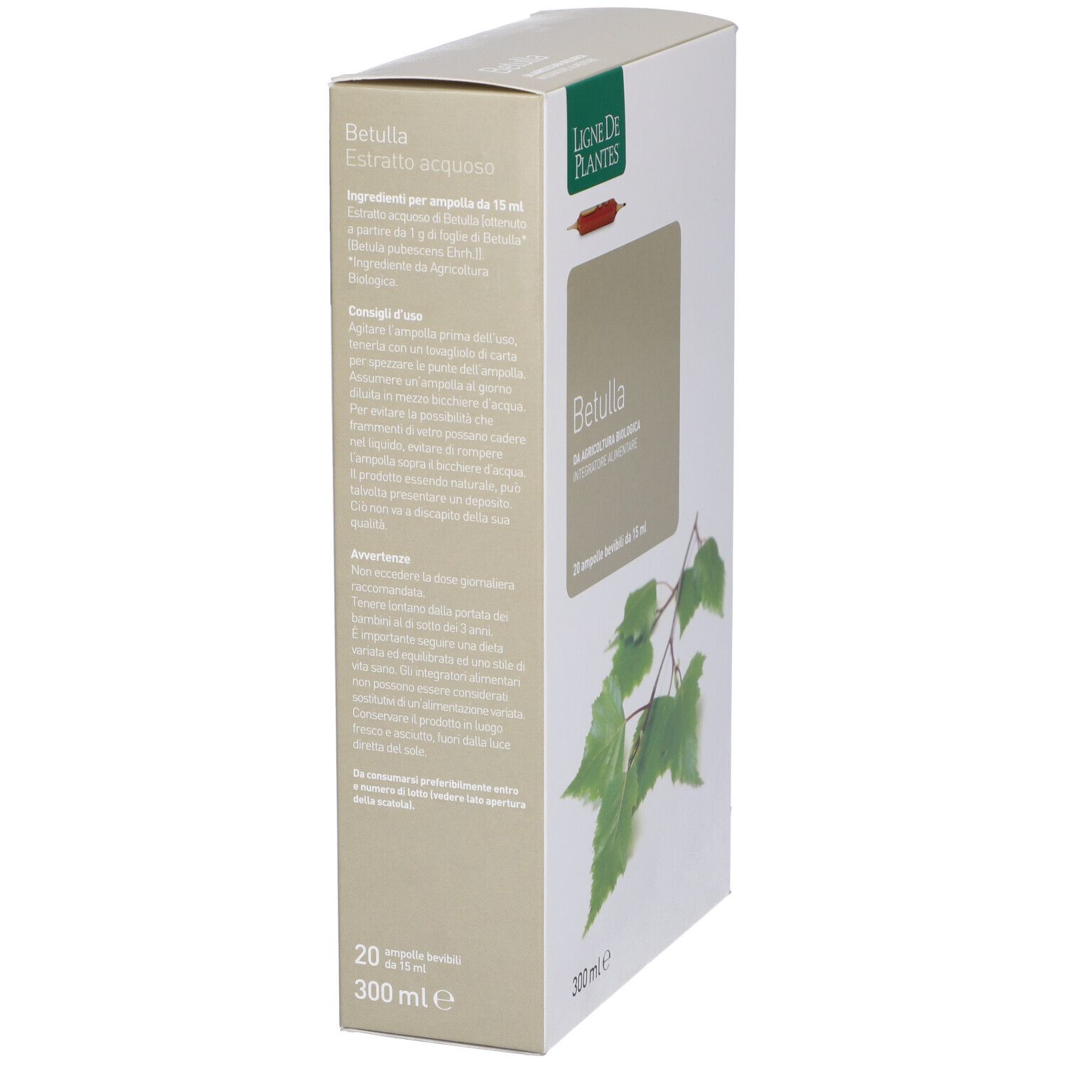 Scatola bianca con scritta Betulla. 20 fiale. Logo Ligne de Plantes. Illustrazione di foglie.