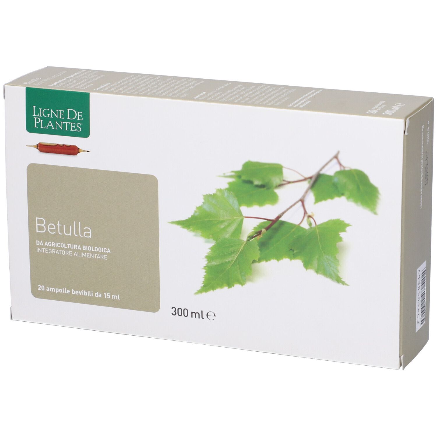 Scatola bianca con scritta Betulla. 20 fiale. Logo Ligne de Plantes. Illustrazione di foglie.