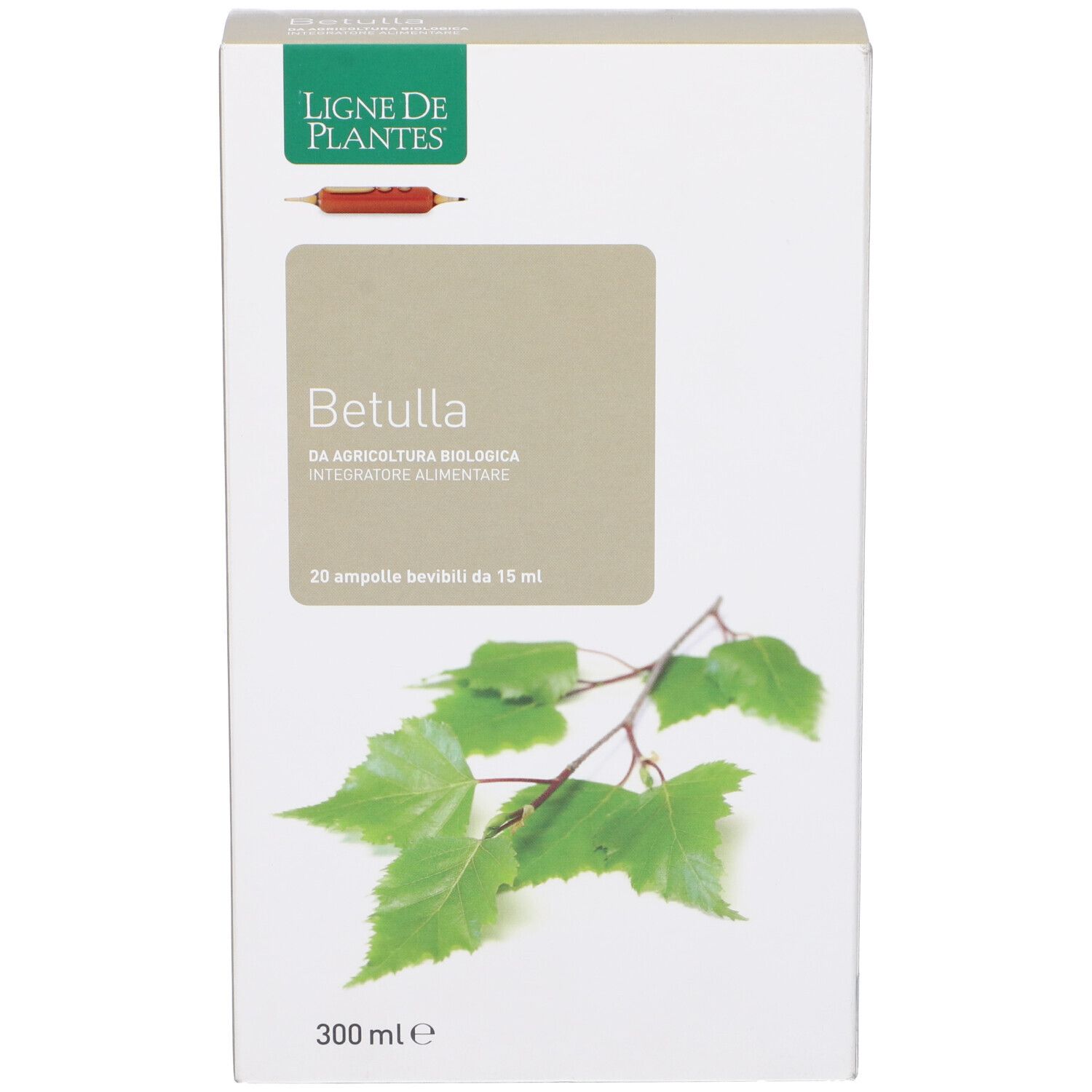 Scatola bianca con scritta Betulla. 20 fiale. Logo Ligne de Plantes. Illustrazione di foglie.
