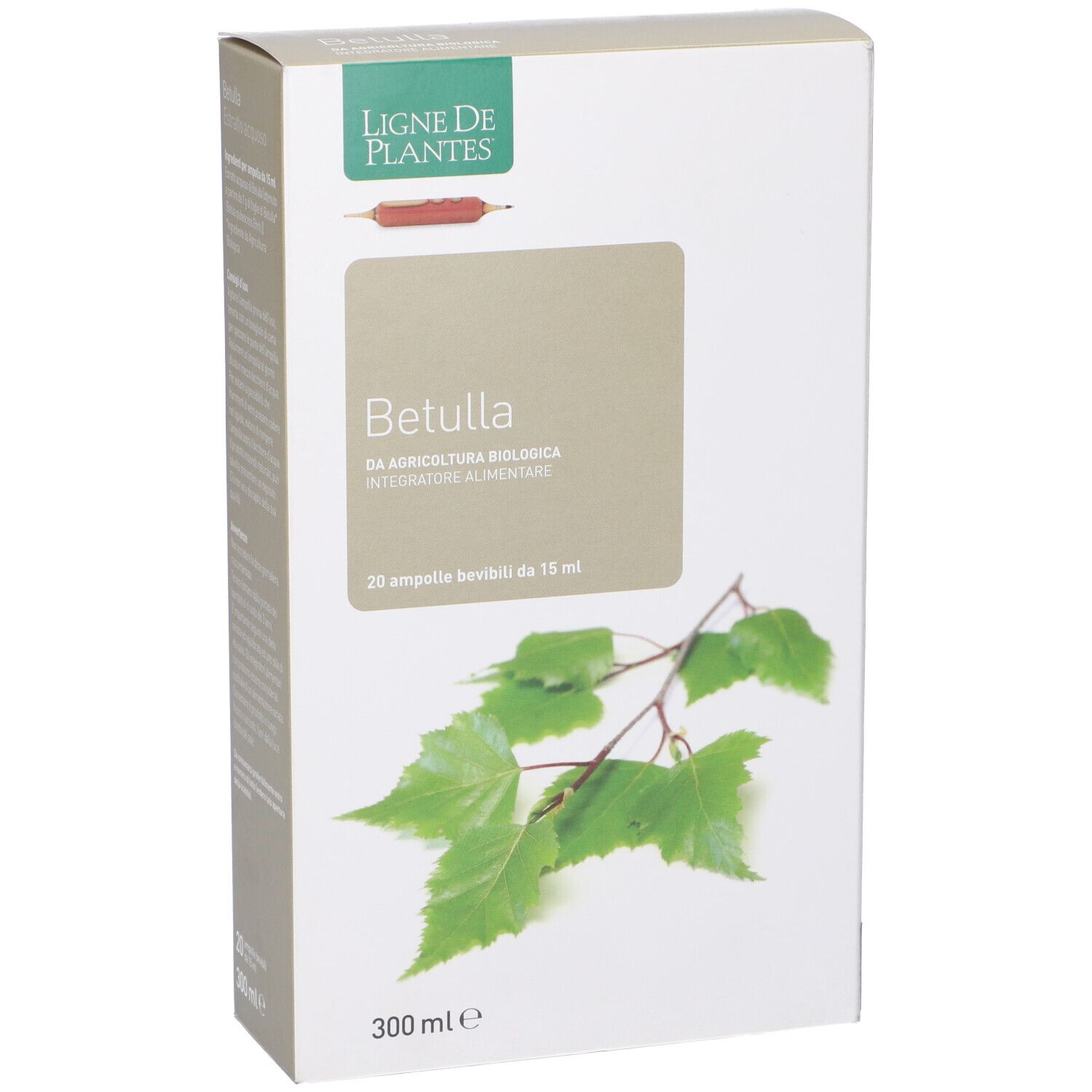Scatola bianca con scritta Betulla. 20 fiale. Logo Ligne de Plantes. Illustrazione di foglie.