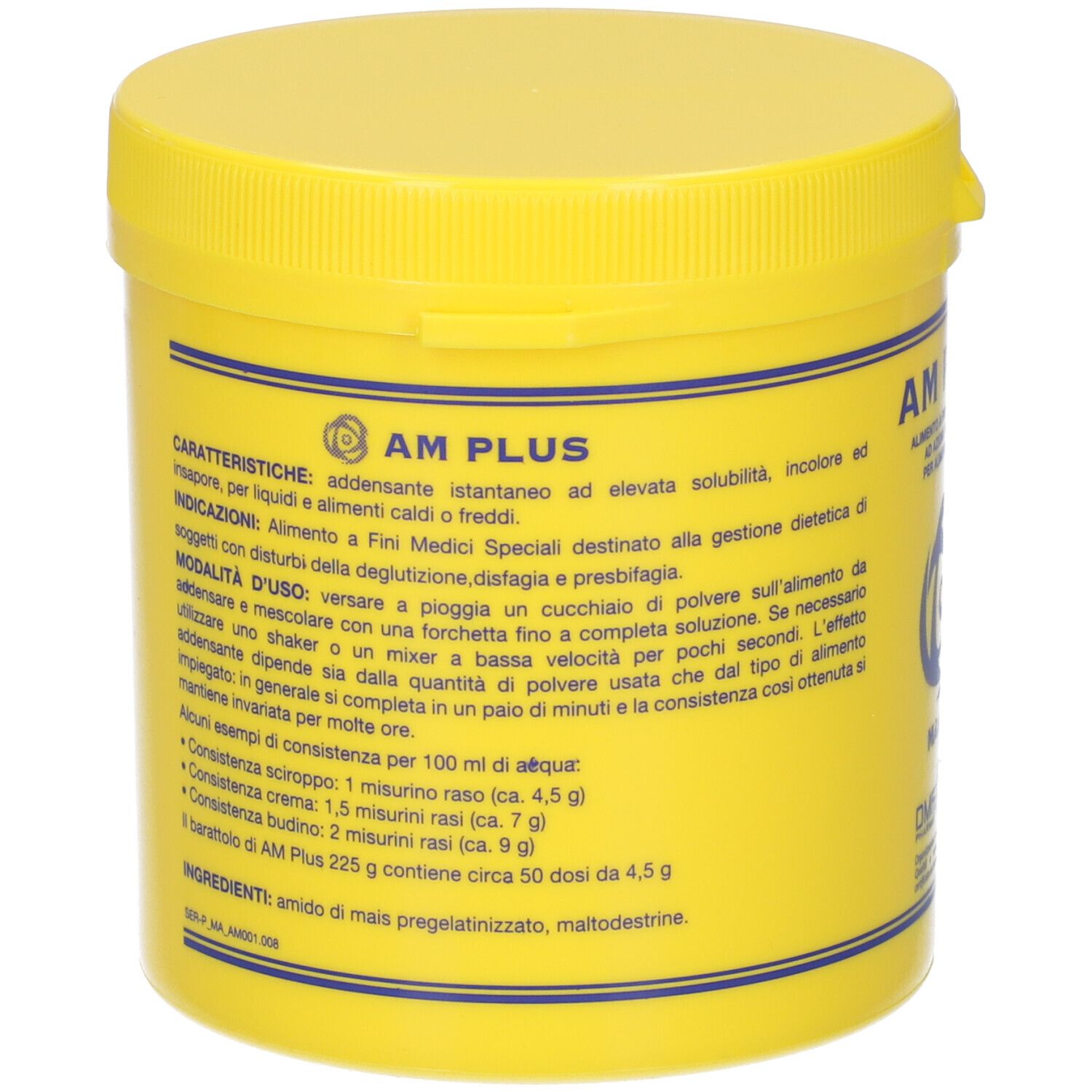 Barattolo giallo, retro con testo. Contiene informazioni su AM PLUS. Testo in italiano.