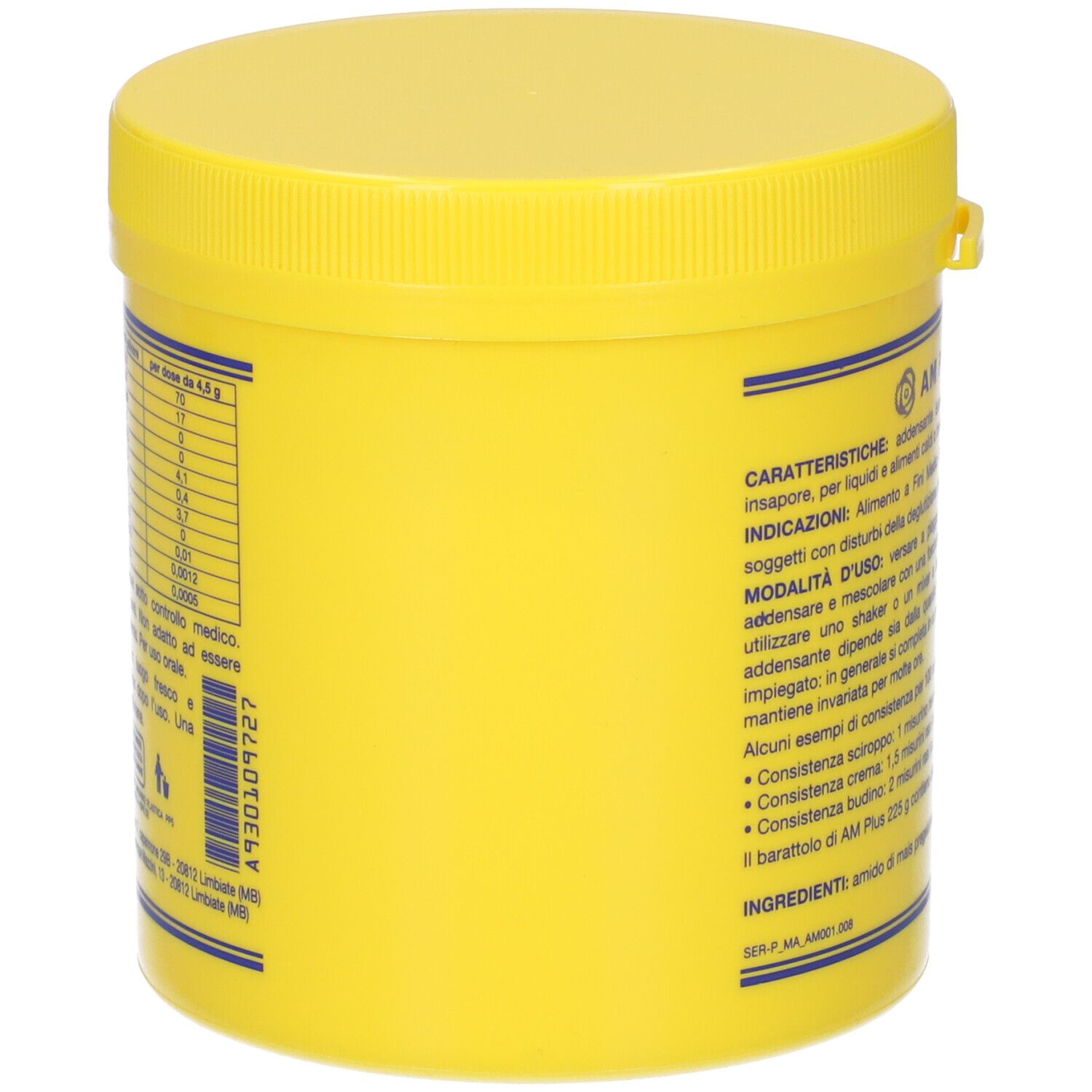 Barattolo giallo, retro con testo e informazioni nutrizionali. Testo in italiano.