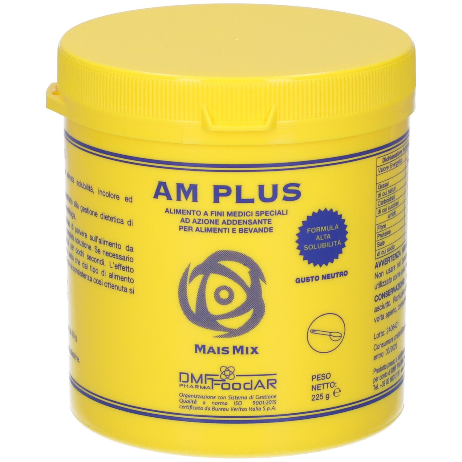 Barattolo giallo con AM PLUS, Mais Mix e 225 g. Scritta blu e bianca. Coperchio sopra. Informazioni nutrizionali.