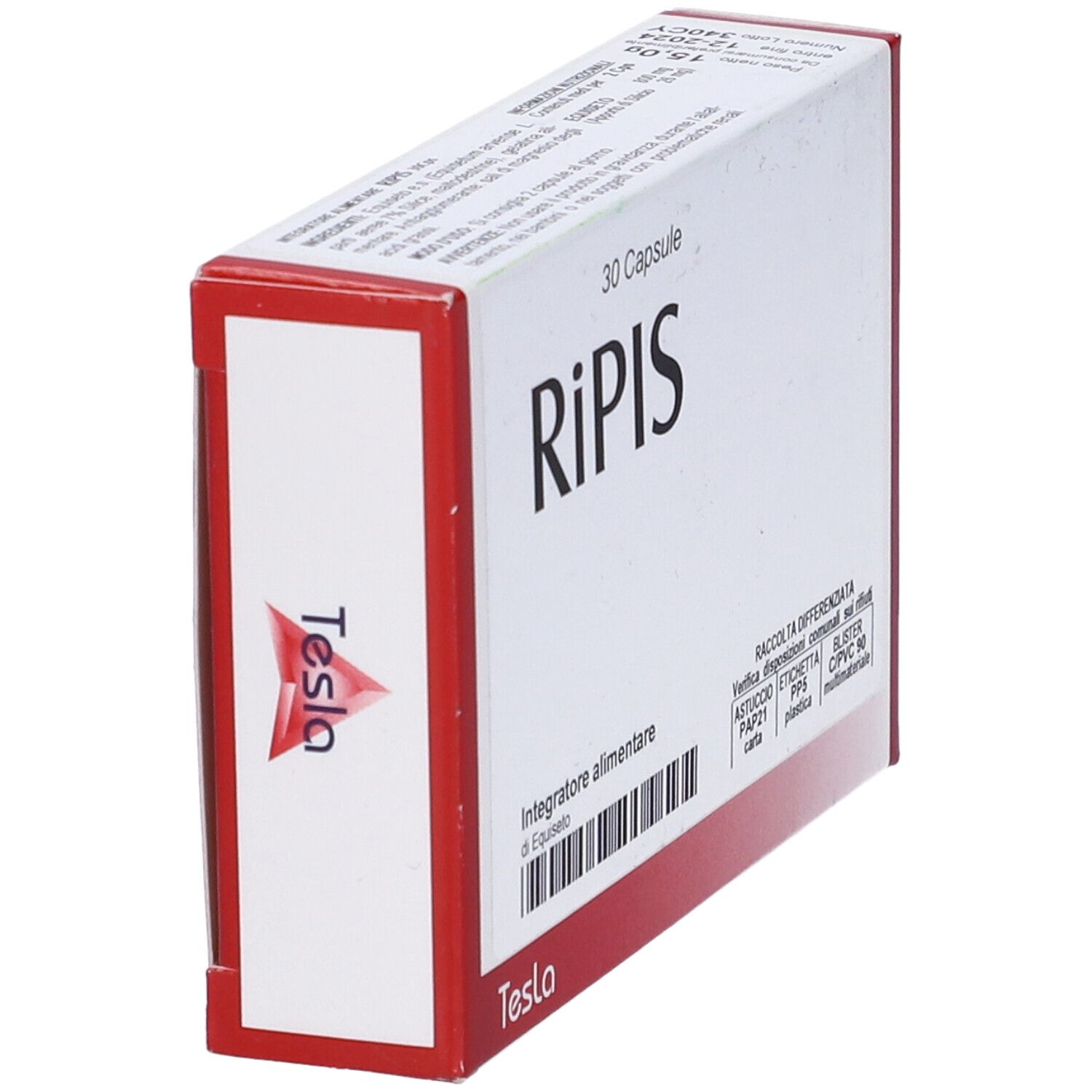Scatola "RiPIS 30 Capsule". Marchio Tesla. Vista prospettica. Informazioni raccolta.