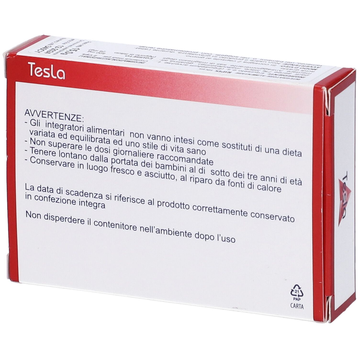 Retro della scatola. Testo: Avvertenze, data di scadenza. Marchio Tesla. Simbolo riciclo.