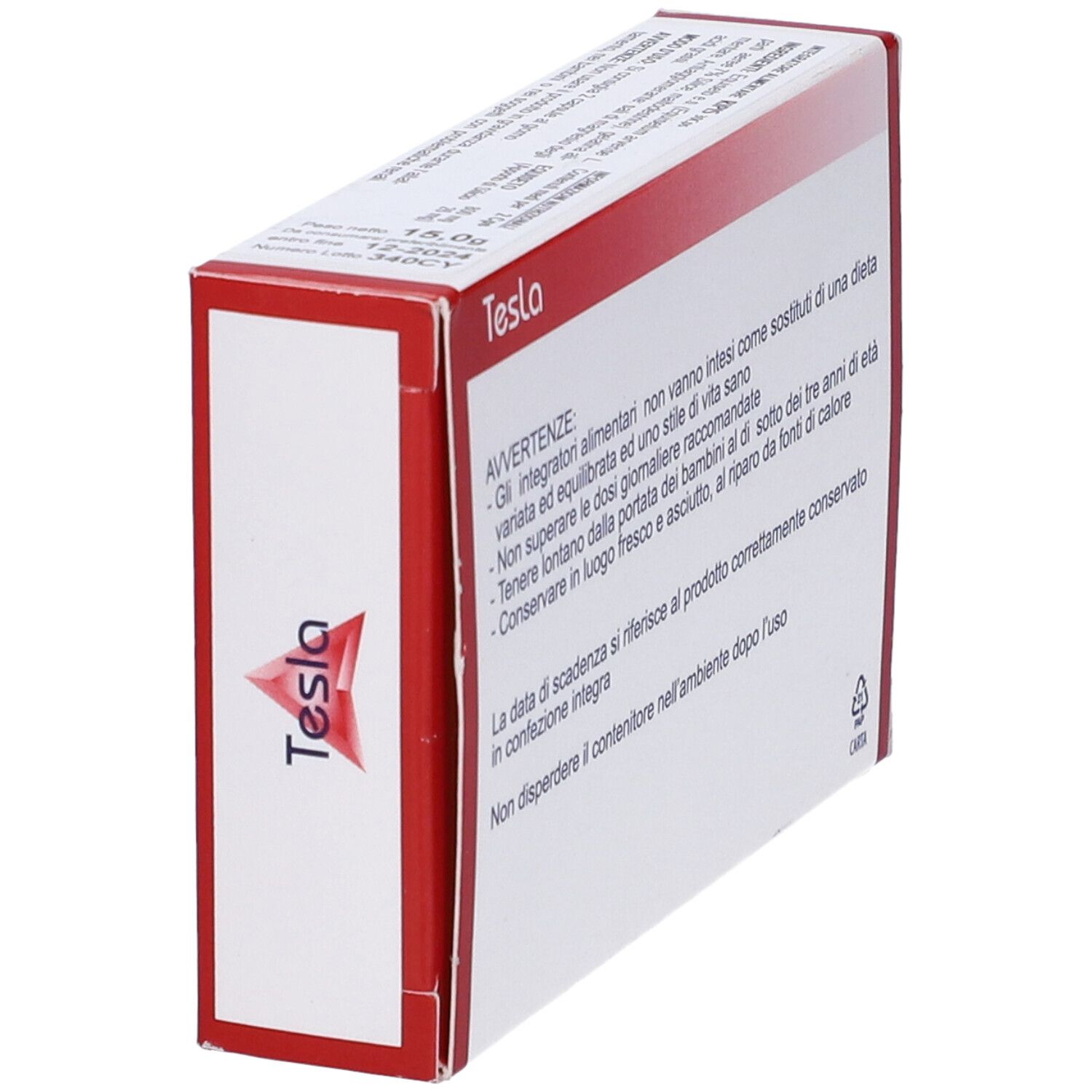 Retro della scatola. Testo: Avvertenze, data di scadenza. Marchio Tesla. Simbolo riciclo.