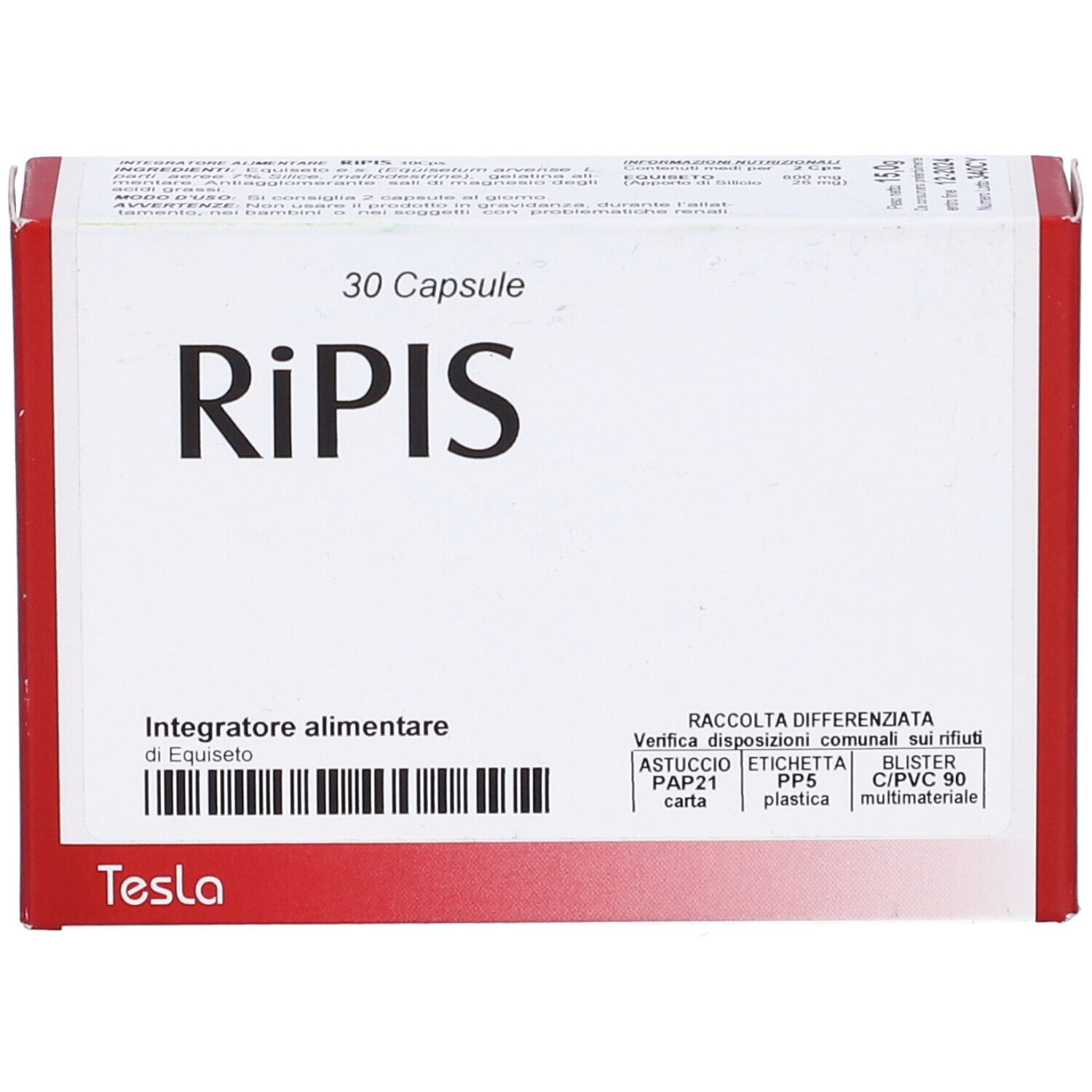 Scatola "RiPIS 30 Capsule". Marchio Tesla. Informazioni raccolta. Vista frontale.
