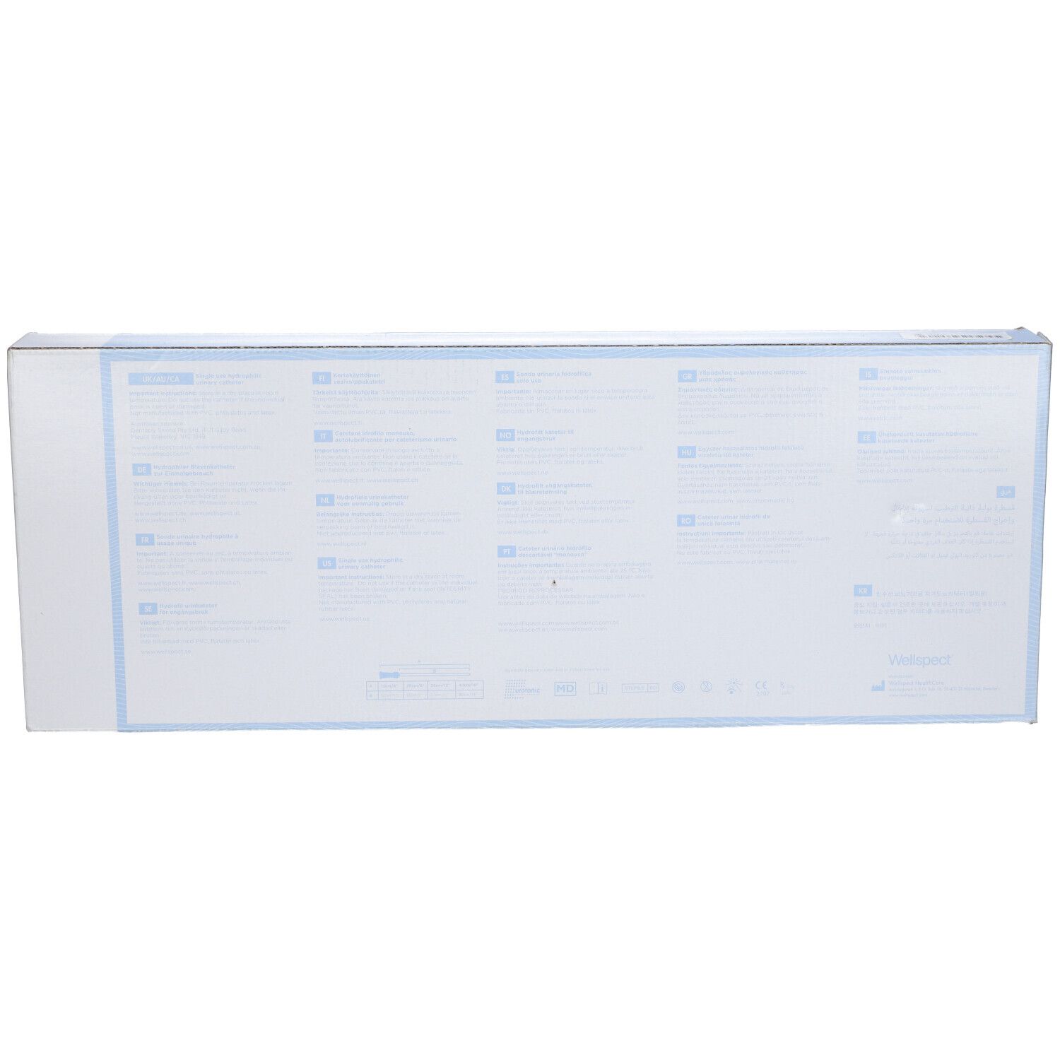 Confezione prodotto con testo. Confezione blu con testo multilingue. Forma rettangolare.