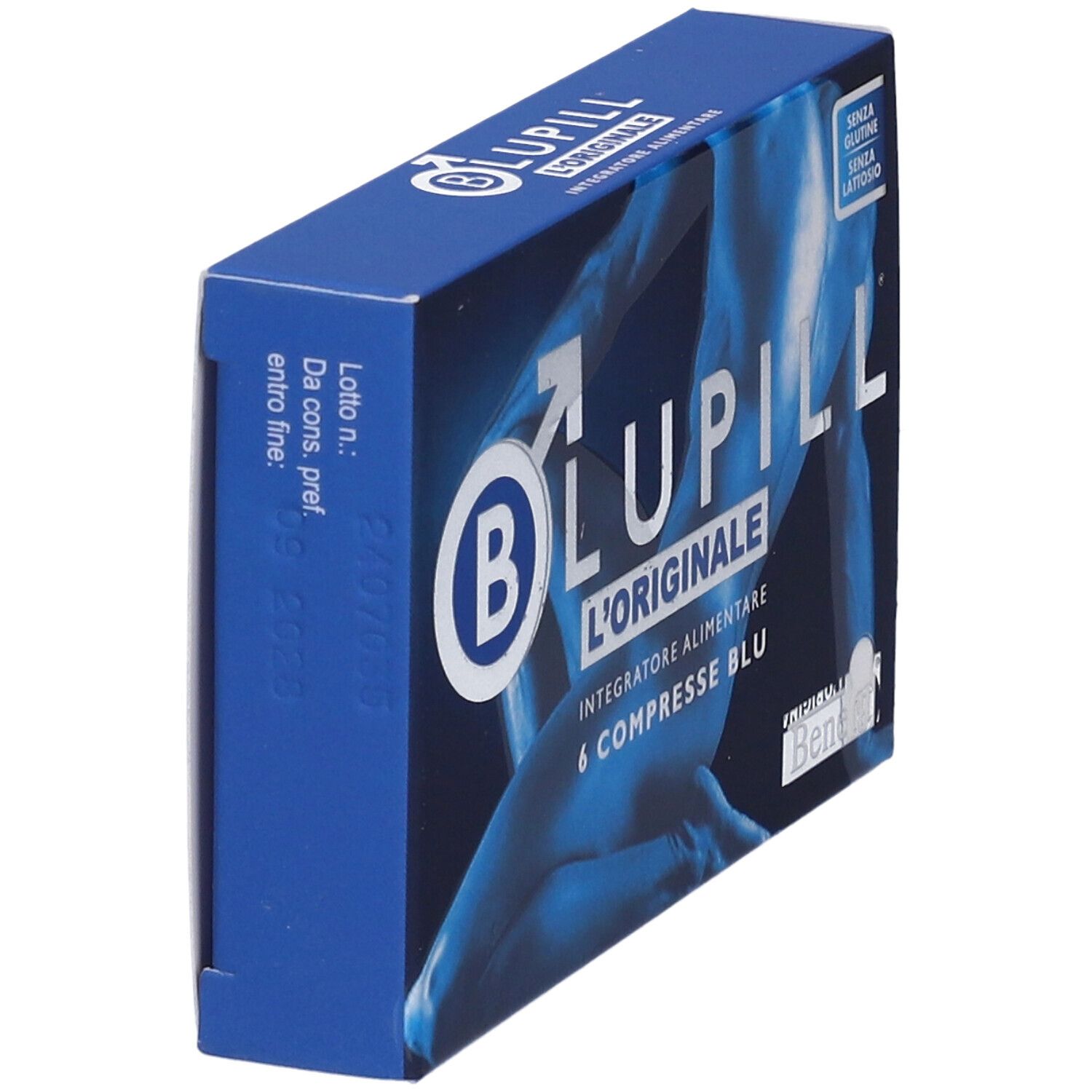 Scatola blu BLUPILL L'ORIGINALE, 6 compresse blu. Senza glutine, senza lattosio. Vista laterale.