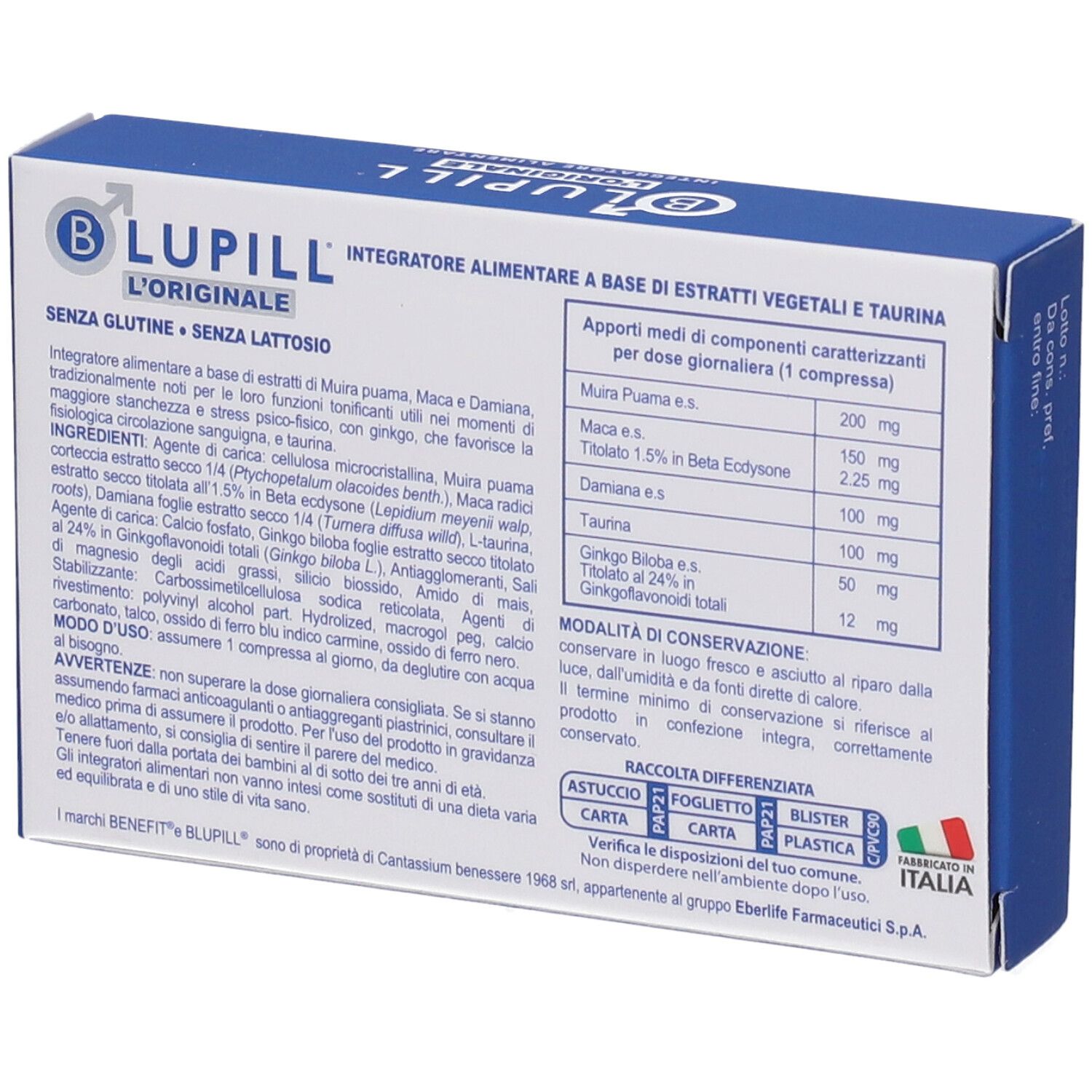 Retro della scatola BLUPILL. Contiene informazioni sugli ingredienti e i valori nutrizionali. Senza glutine, senza lattosio.