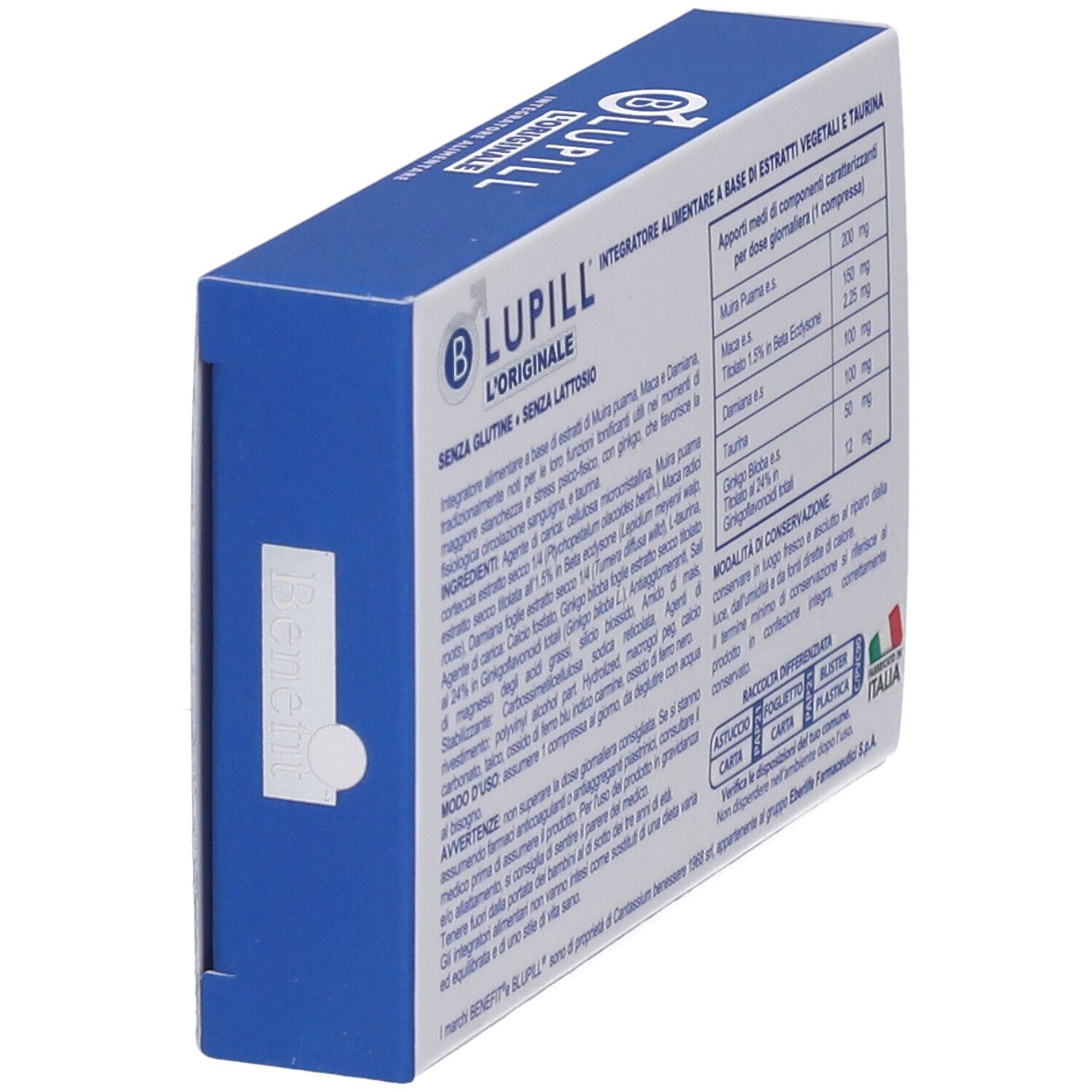 Vista laterale della scatola BLUPILL. Contiene informazioni sugli ingredienti e i valori nutrizionali. Senza glutine, senza lattosio.