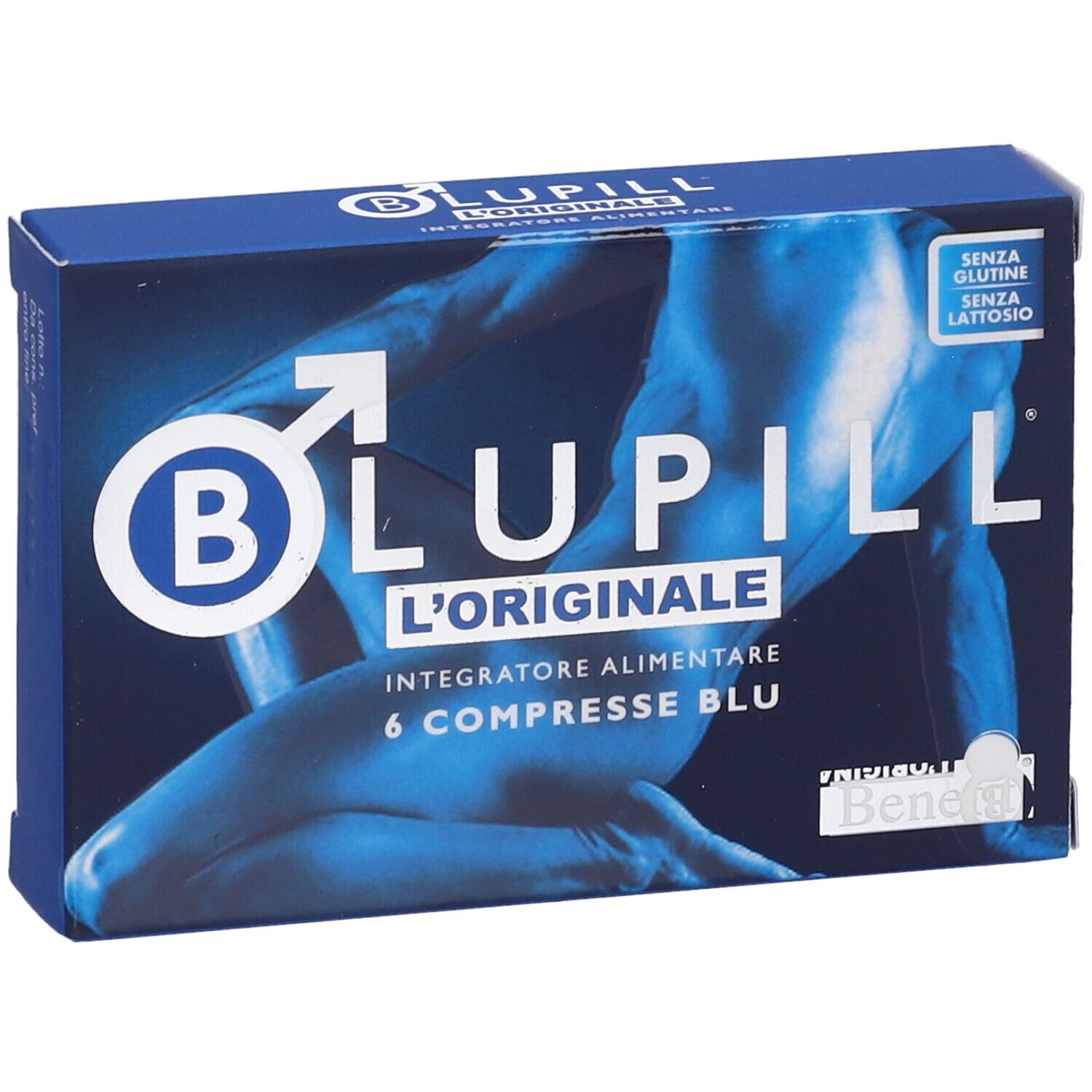 Scatola blu BLUPILL L'ORIGINALE, 6 compresse blu. Senza glutine, senza lattosio. Immagine di un uomo.