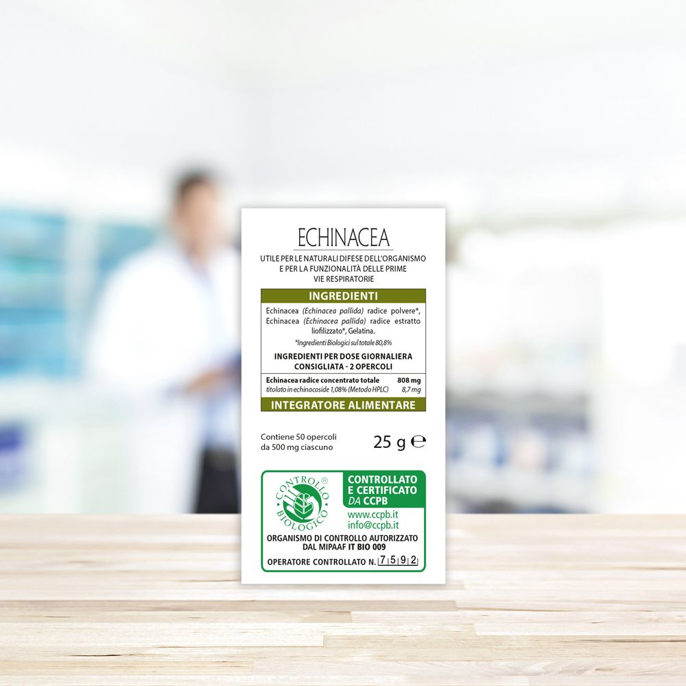 Scatola con testo: ECHINACEA, Integratore Alimentare. Testo: 25 g, ingredienti, certificazione.