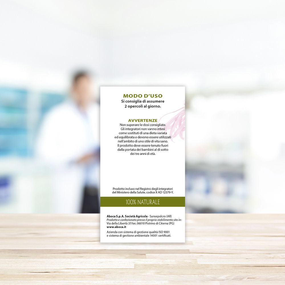 Flacone di vetro marrone con coperchio dorato. Testo: ECHINACEA, Integratore Alimentare. Capsule visibili.