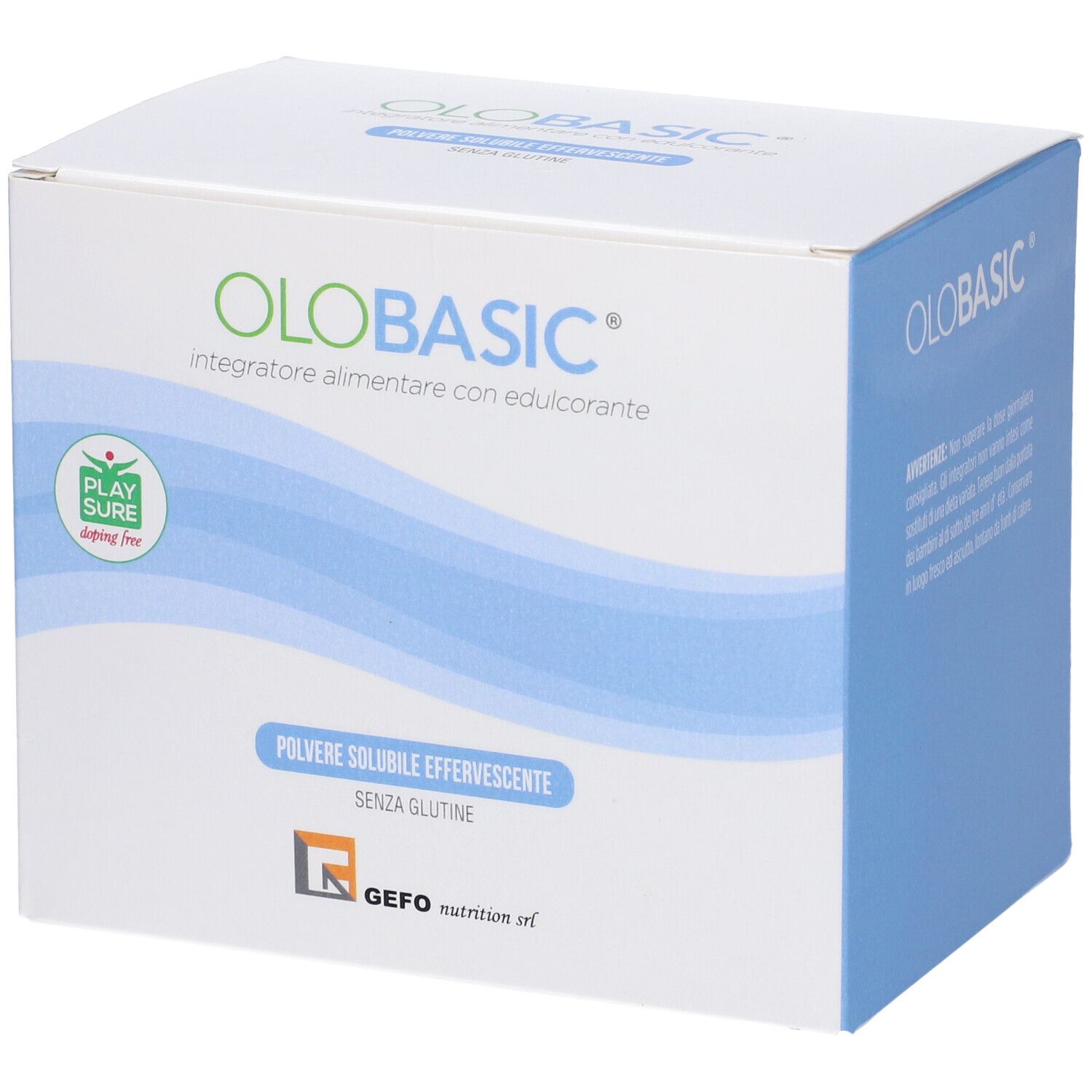 Scatola bianca con logo "OLOBASIC". Motivi a onde blu. Testo: "integratore alimentare con edulcorante". "Senza glutine".