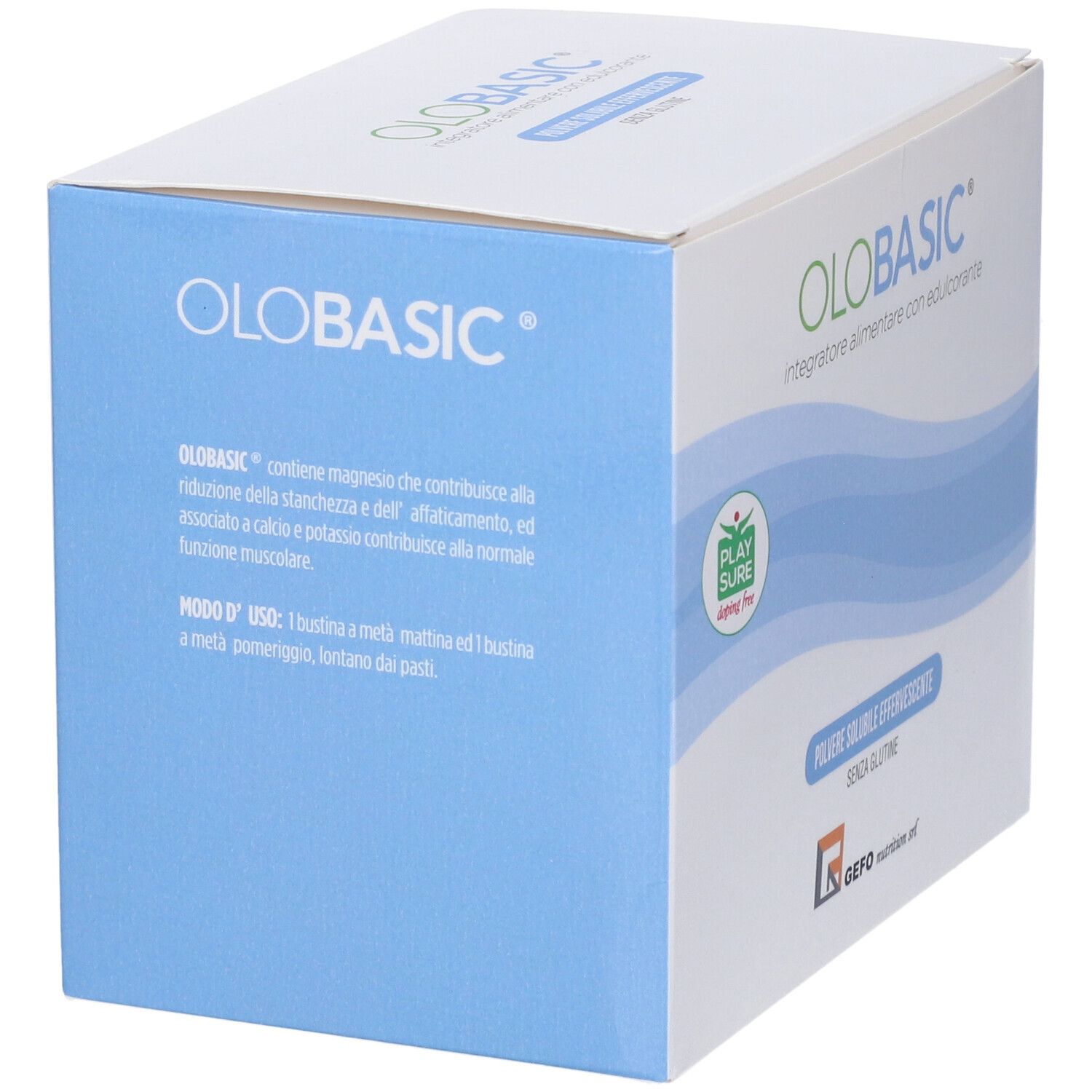 Scatola bianca con logo "OLOBASIC". Testo sugli ingredienti e l'uso. Logo "PLAY SURE".