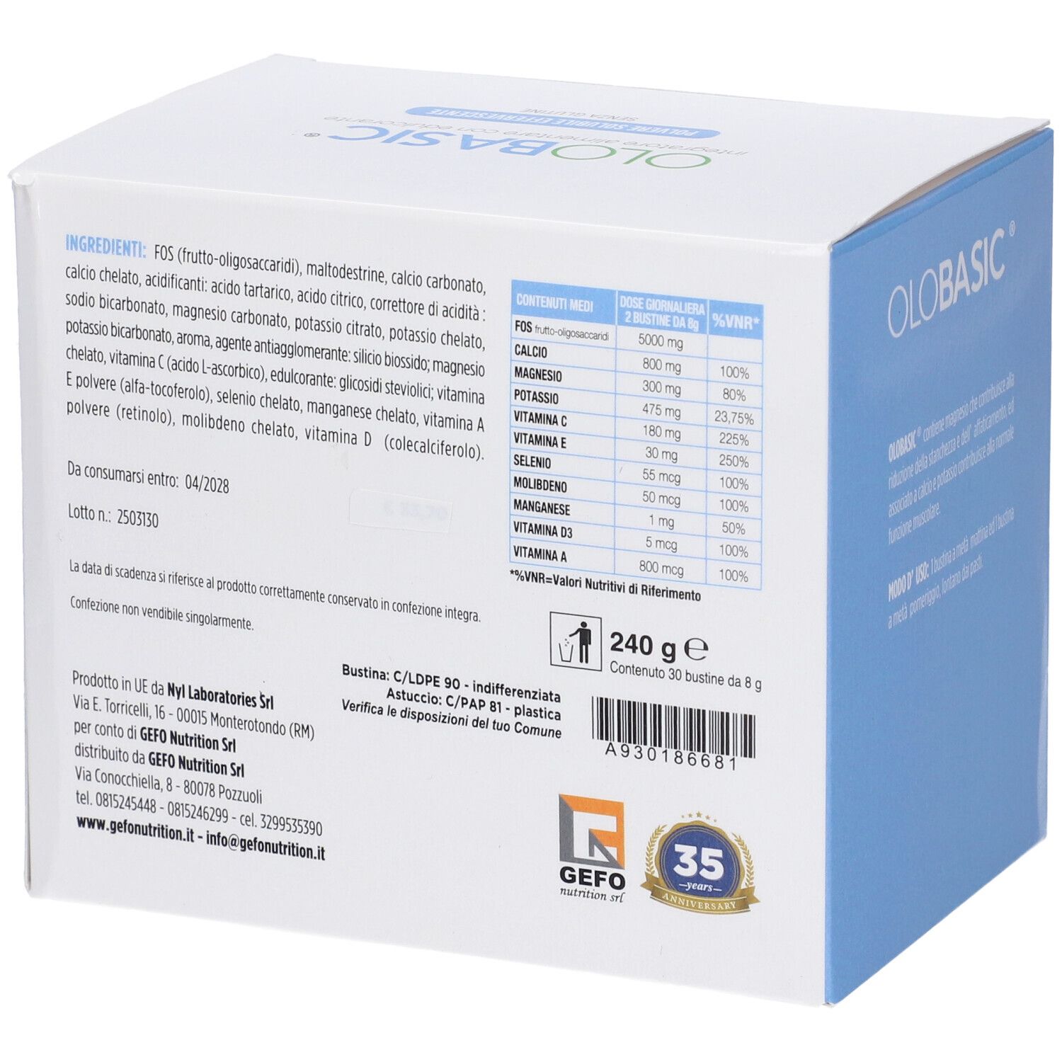 Scatola con informazioni sugli ingredienti, tabella nutrizionale e informazioni sul produttore. "240 g" e "30 bustine".