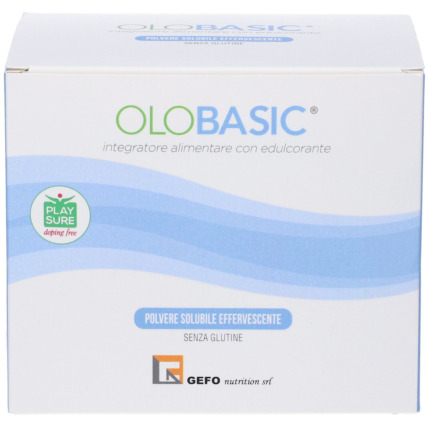 Scatola bianca con logo "OLOBASIC". Motivi a onde blu. Testo: "integratore alimentare con edulcorante". "Senza glutine".