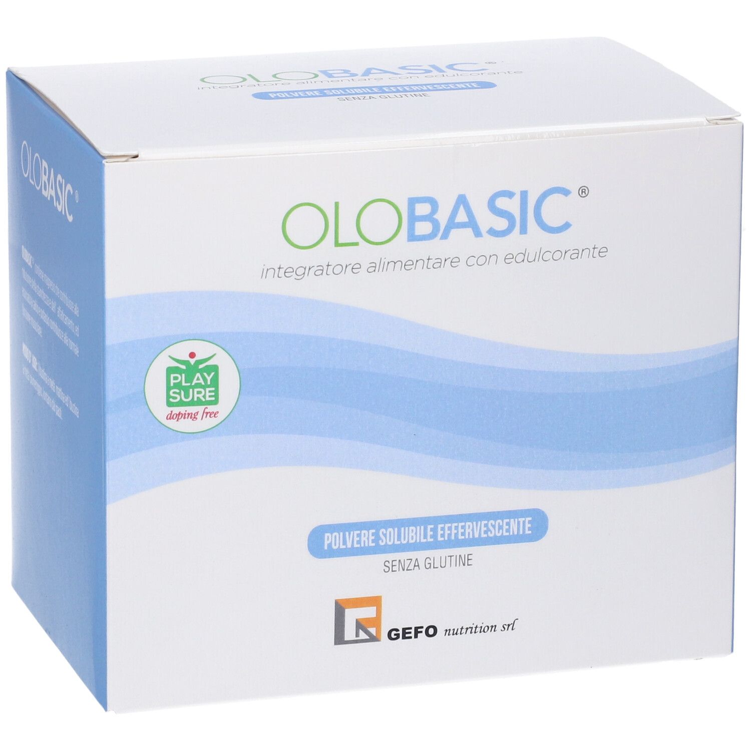 Scatola bianca con logo "OLOBASIC". Motivi a onde blu. Testo: "integratore alimentare con edulcorante". "Senza glutine".