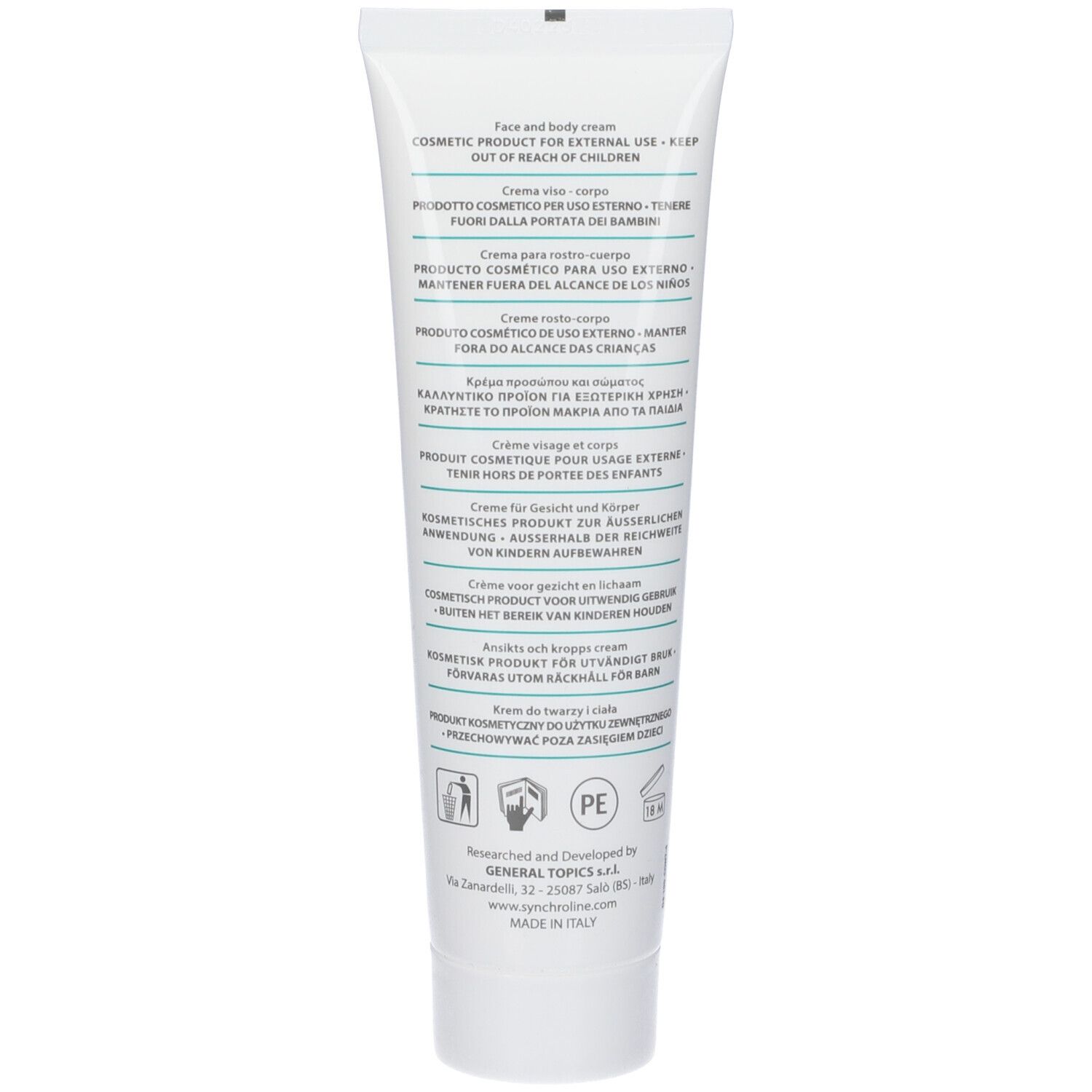 Retro di un tubo bianco. Testo: COSMETIC PRODUCT FOR EXTERNAL USE. Pittogrammi e testo multilingue.