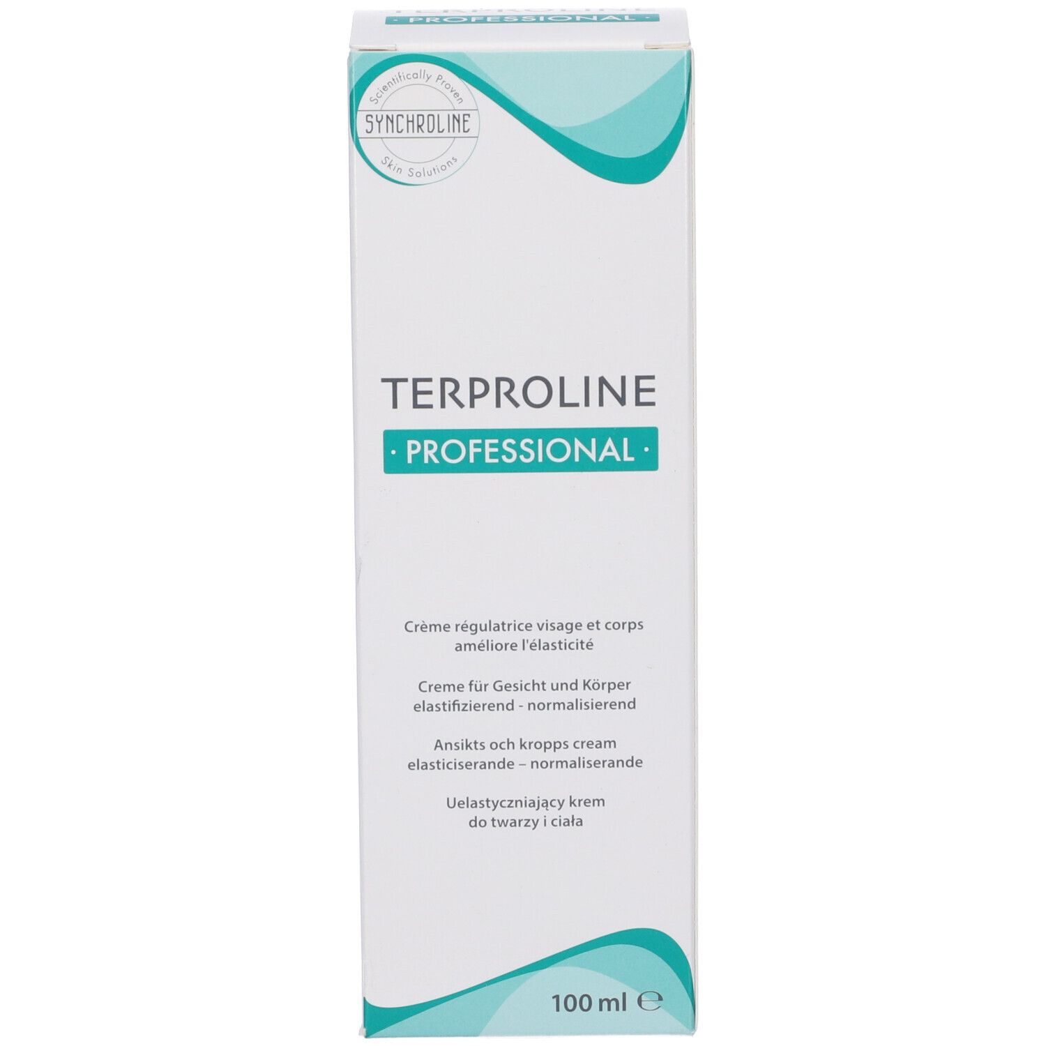 Confezione bianca con design turchese. Testo: TERPROLINE PROFESSIONAL, 100 ml. Logo: Synchroline.