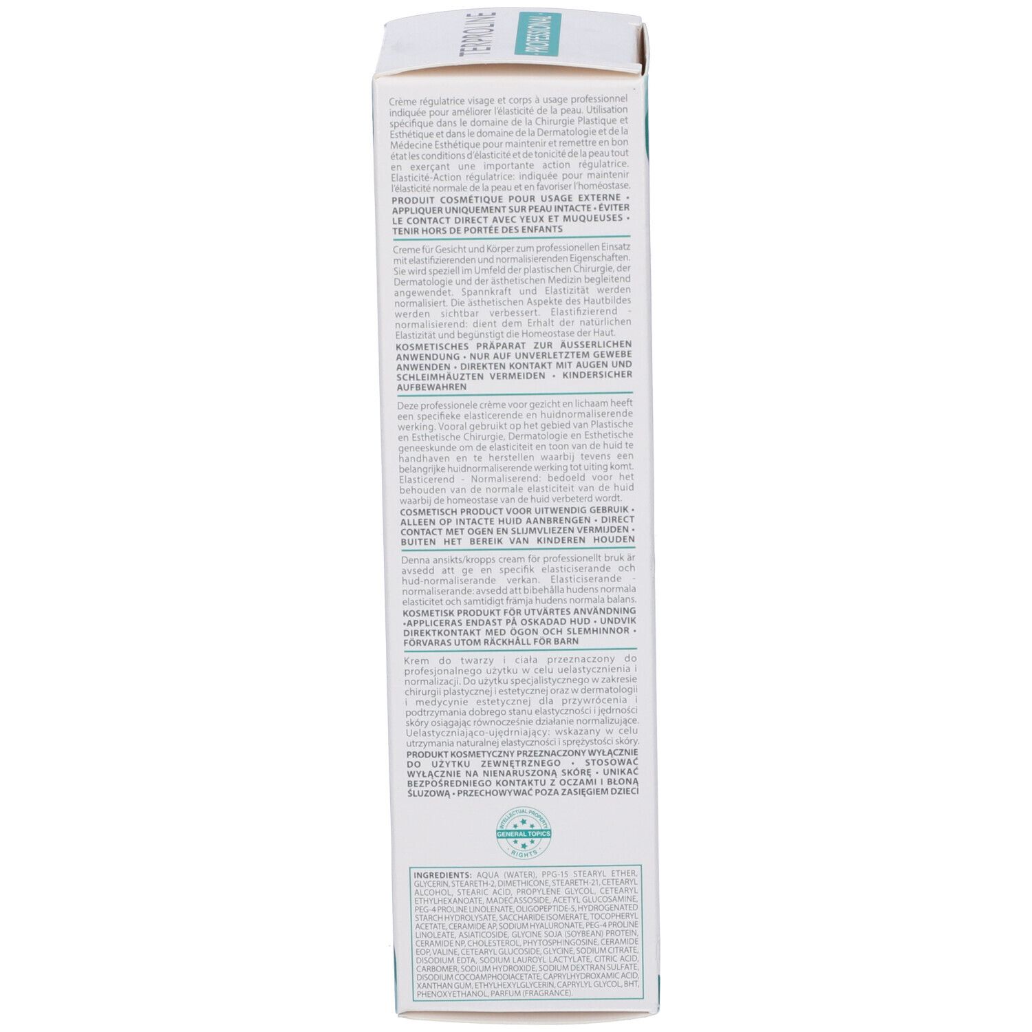 Vista laterale della confezione del prodotto. Testo e pittogrammi multilingue. Logo: Synchroline.