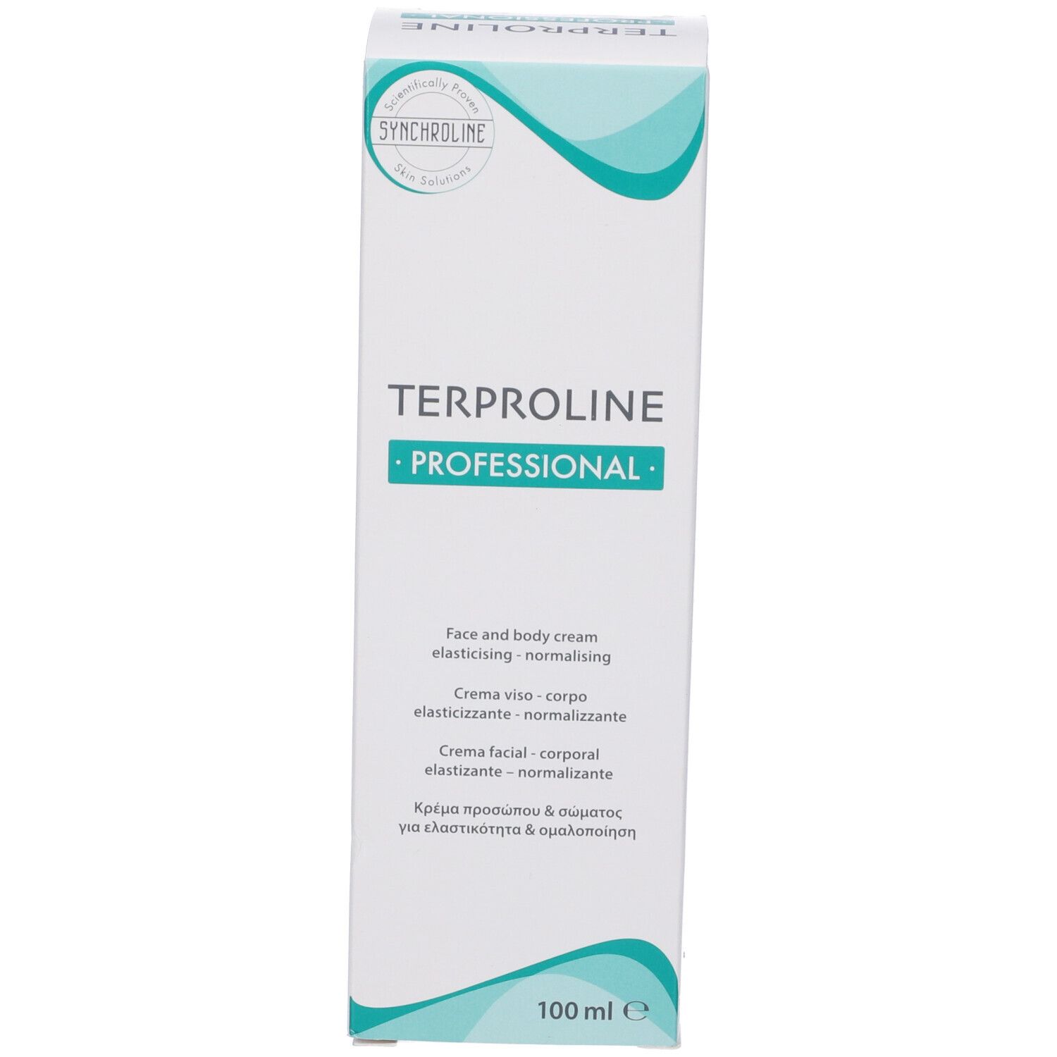Confezione bianca con design turchese. Testo: TERPROLINE PROFESSIONAL, 100 ml. Logo: Synchroline.