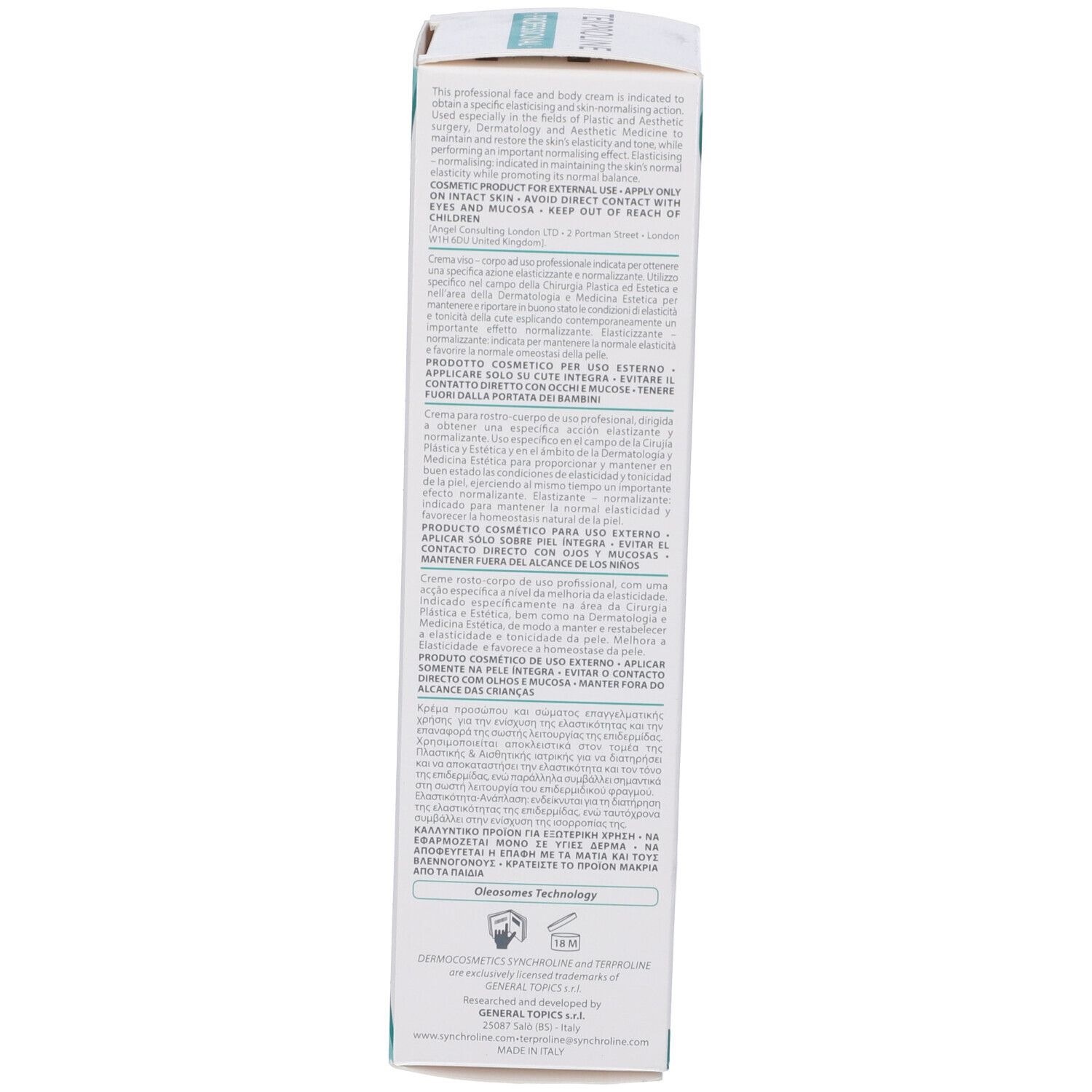 Vista laterale della confezione del prodotto. Testo e pittogrammi multilingue. Logo: Synchroline.