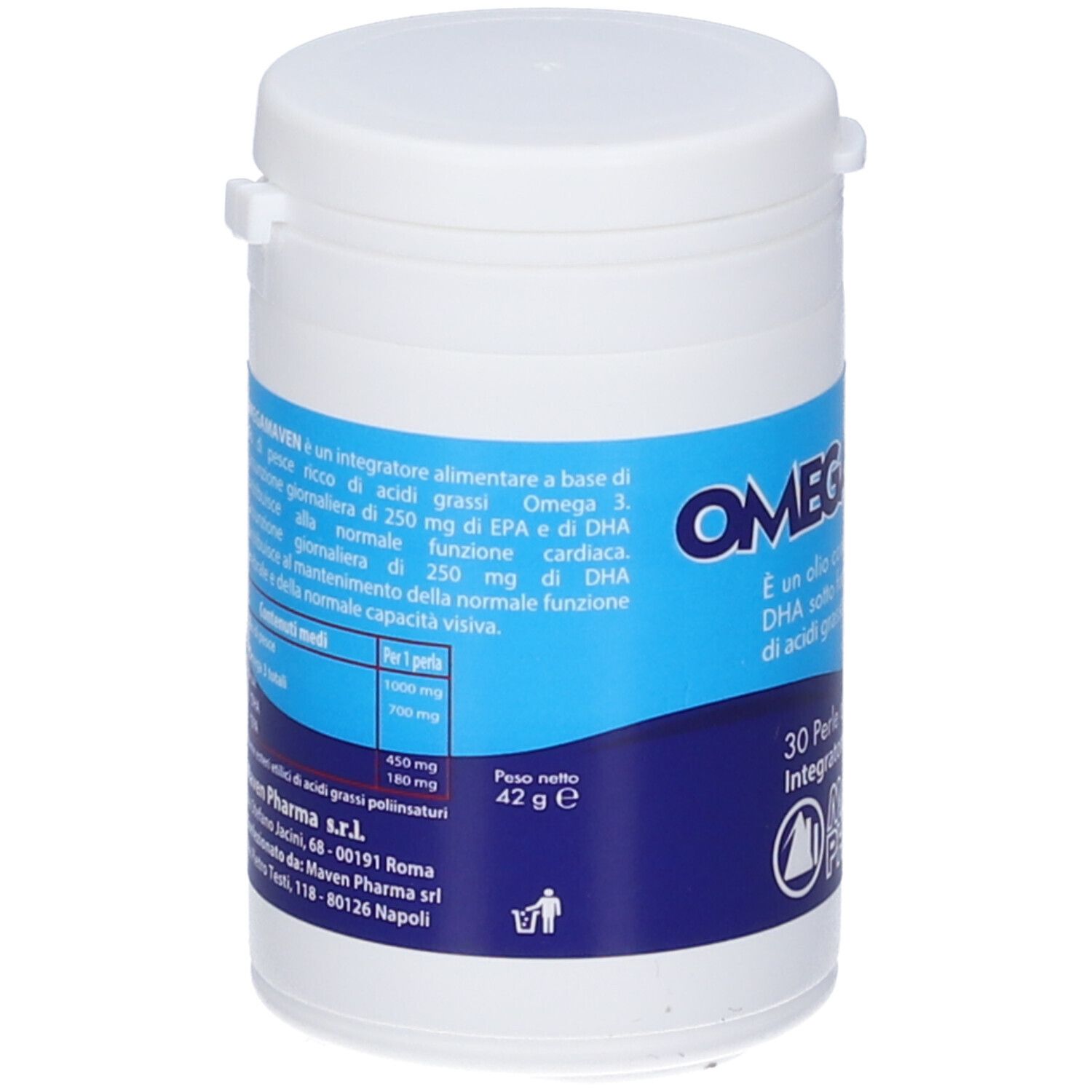 Barattolo bianco con etichetta blu. Testo: Omegamaven, 30 perle, Maven Pharma. Contiene EPA e DHA. Retro con informazioni.
