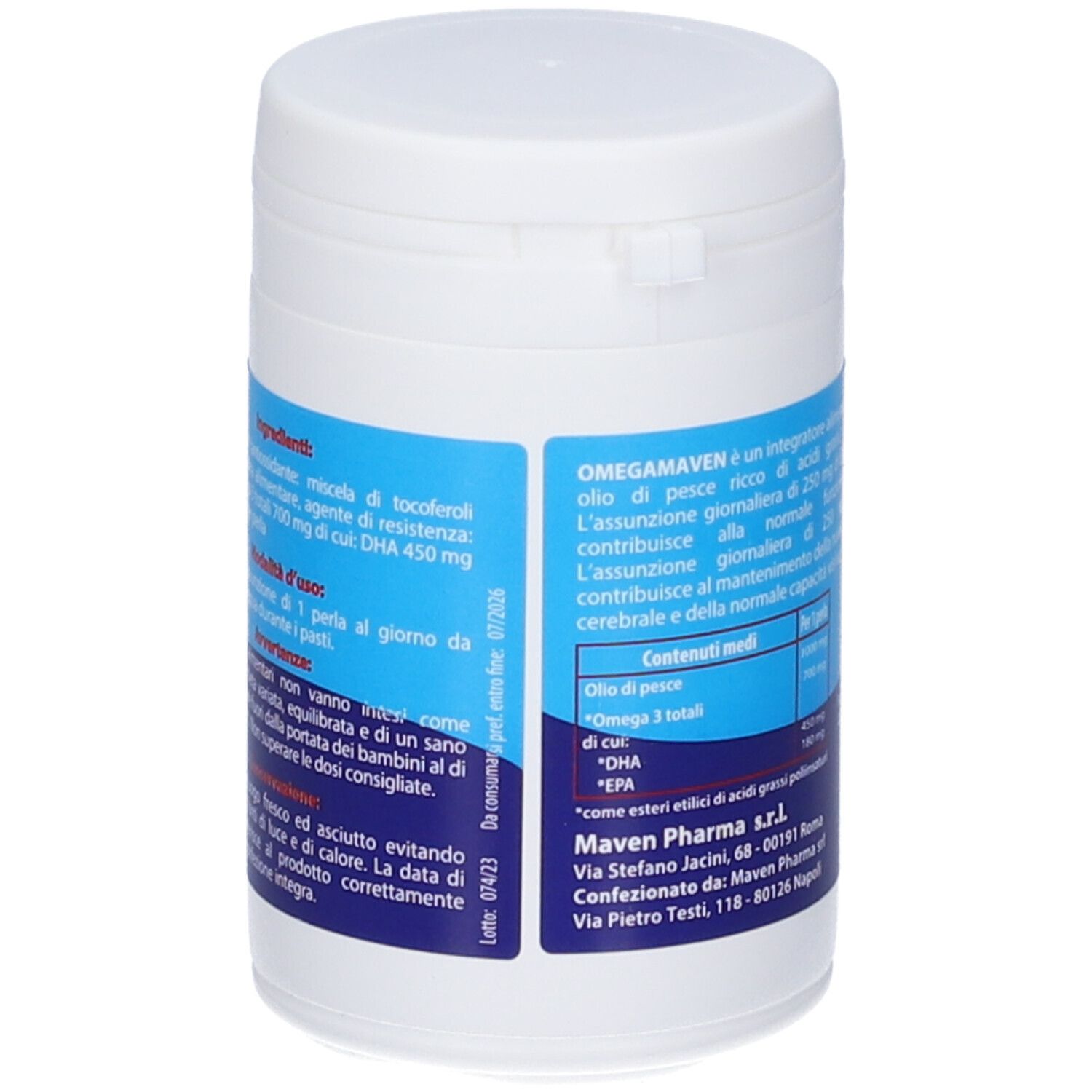 Barattolo bianco con etichetta blu. Testo: Omegamaven, 30 perle, Maven Pharma. Contiene EPA e DHA. Retro con informazioni.